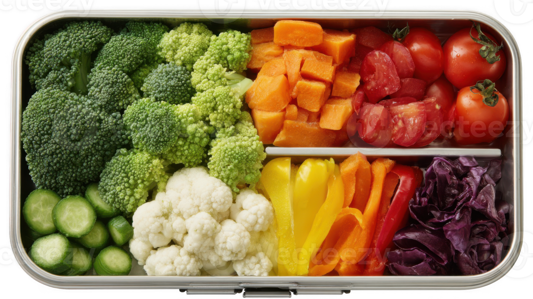Rainbow colored vegetables arranged neatly in a lunchbox on transparent background png