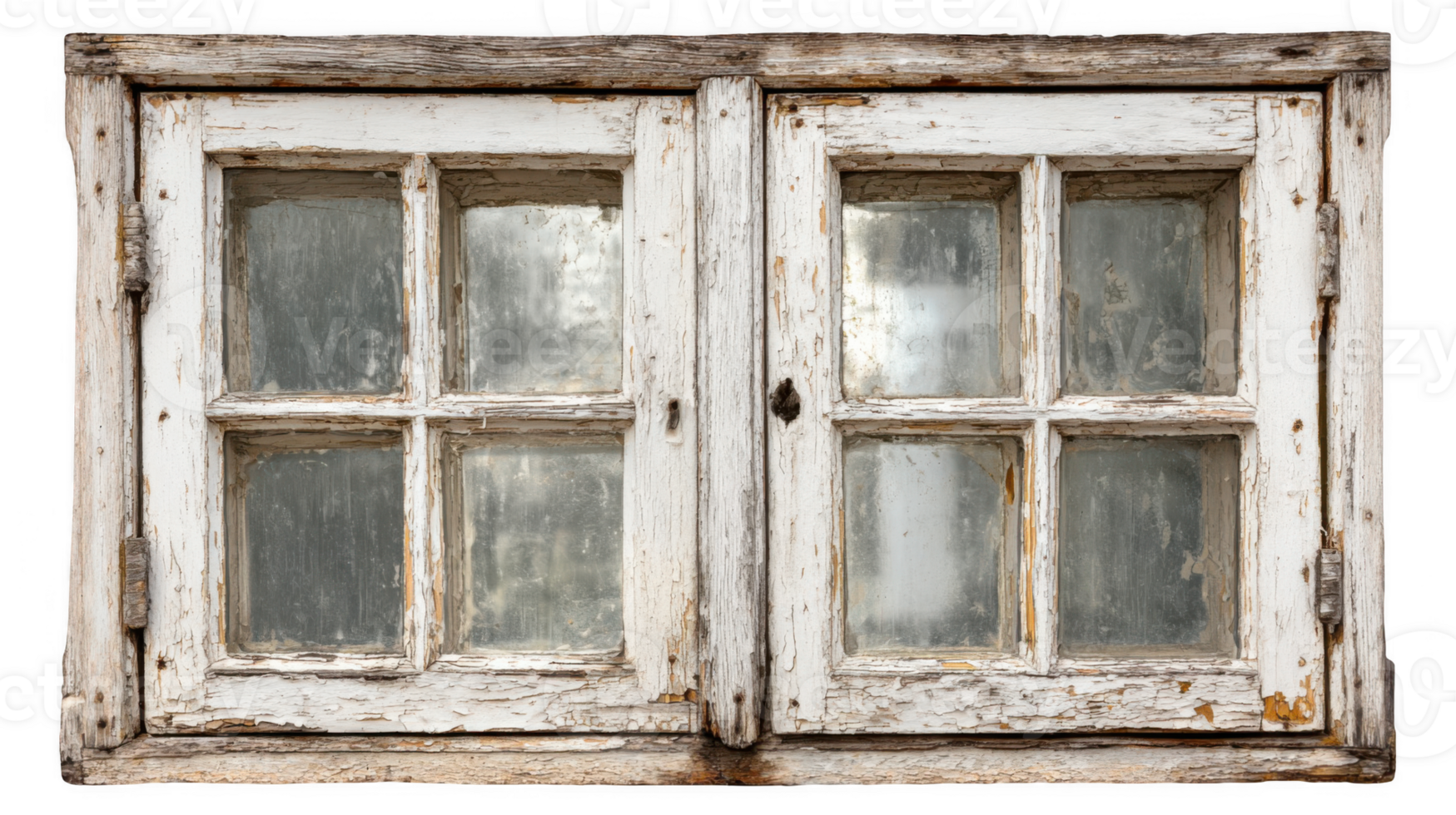 Old rustic white wooden window frame with peeling paint on transparent background png