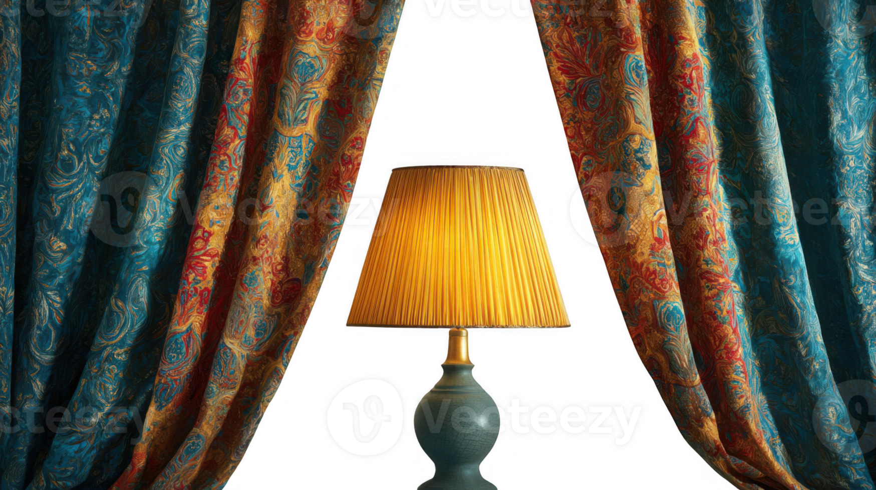 Elegant lamp illuminating space between mismatched curtains with transparent background png