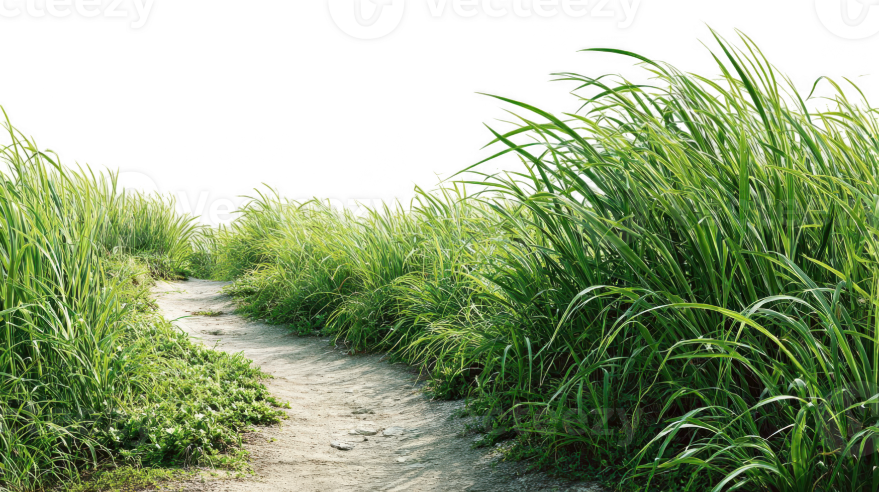 Dusty path winding through tall vibrant green grass with transparent background png