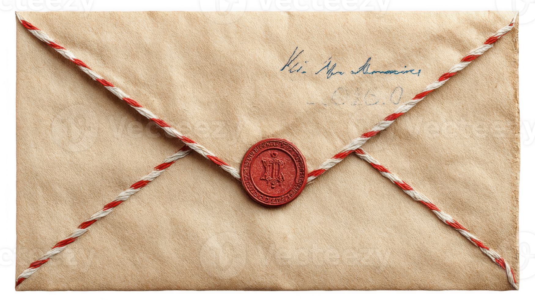 Old paper envelope closed with red wax seal and string on transparent background png