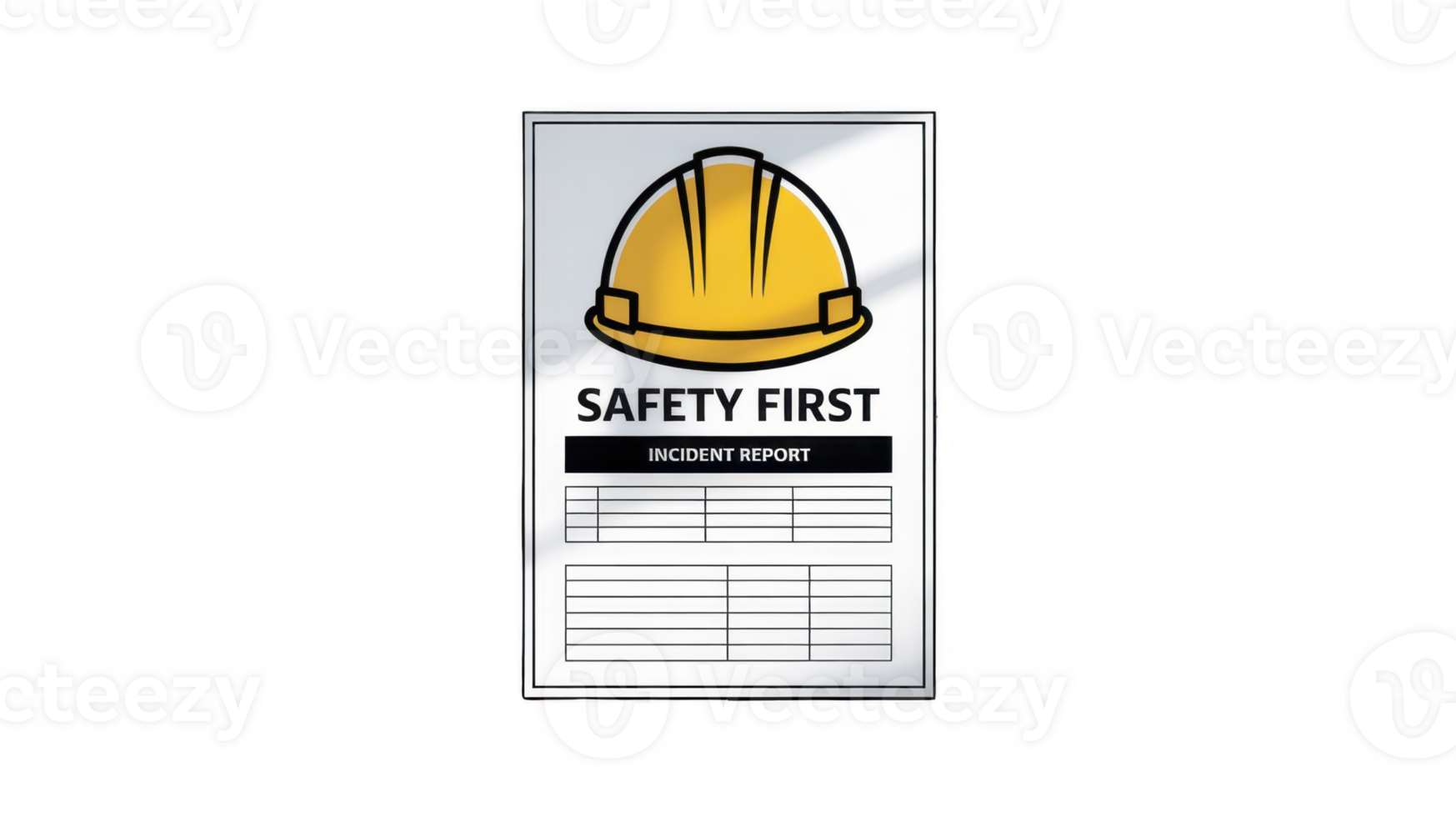 Safety first incident report with yellow hardhat and transparent background png
