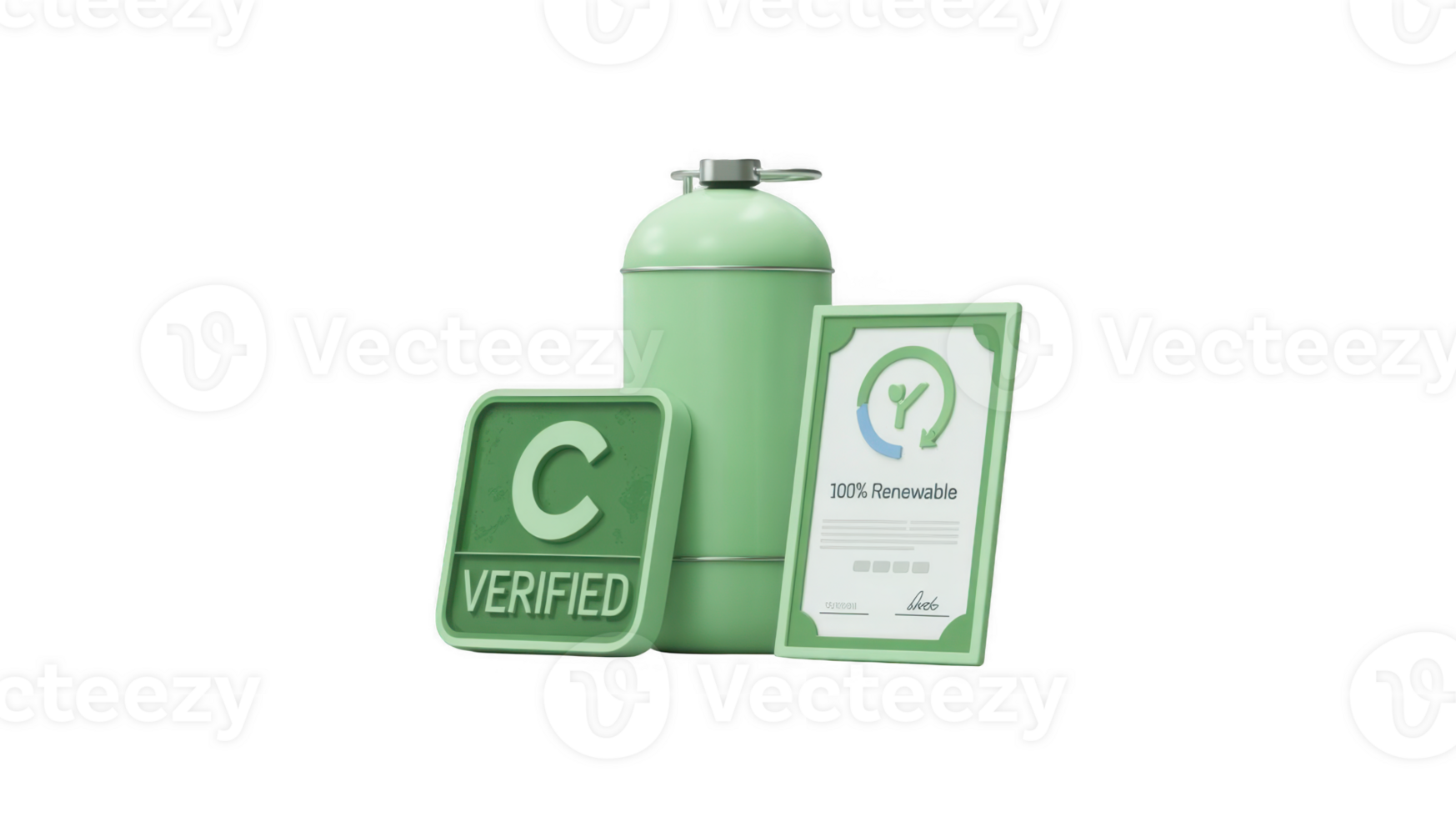 Green gas cylinder with verified certificate for renewable energy on transparent background png