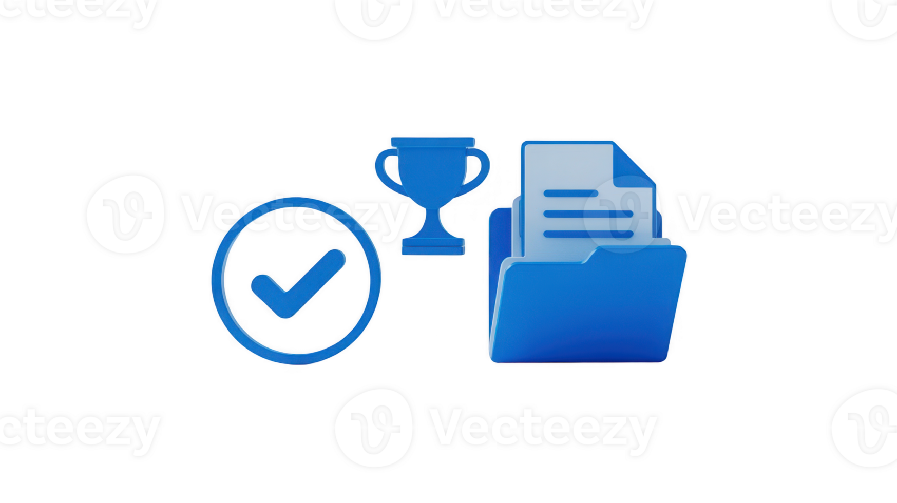 Approved documents and successful project with trophy on transparent background png