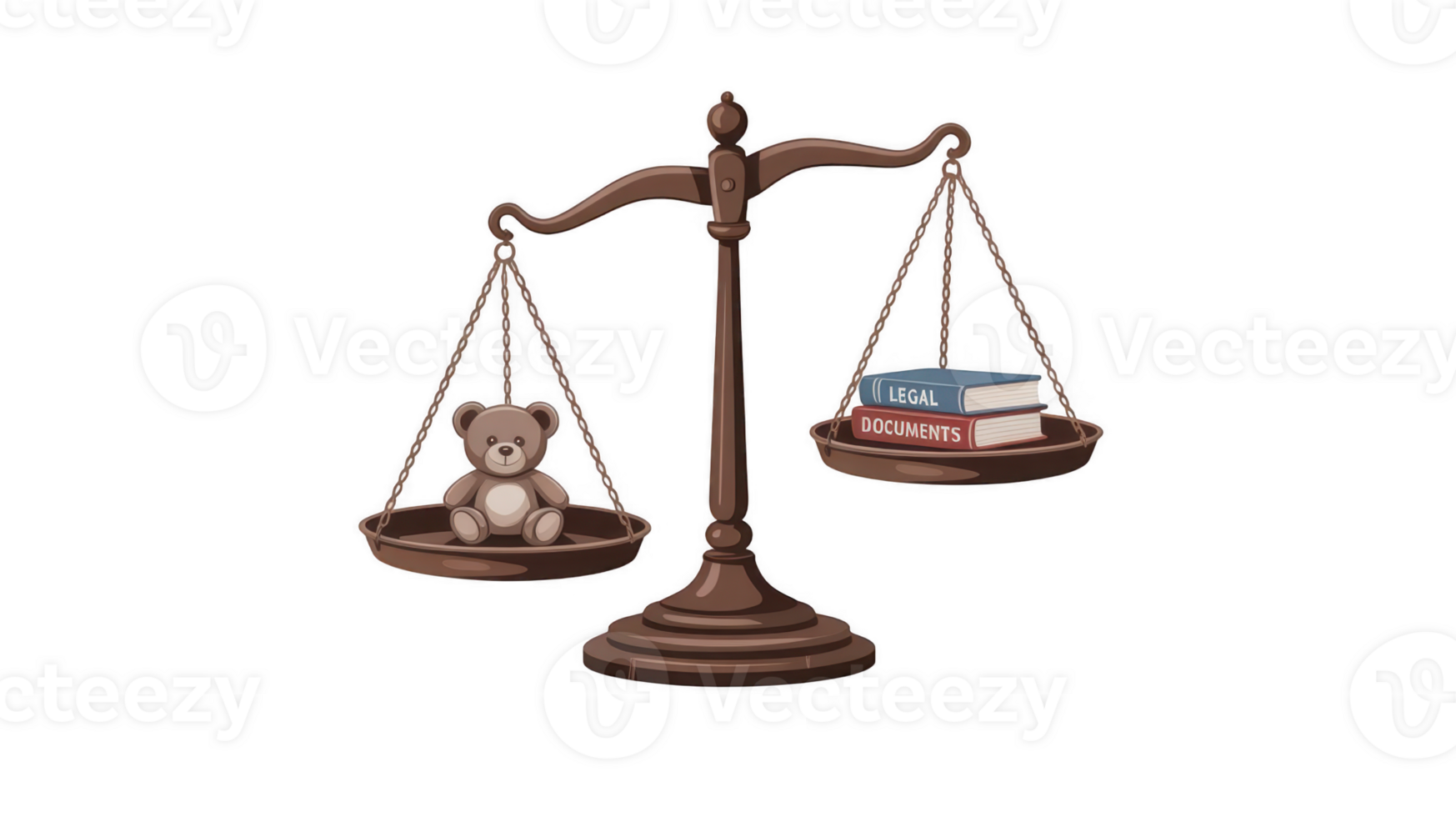 Balancing child custody, teddy bear and legal documents on scale png