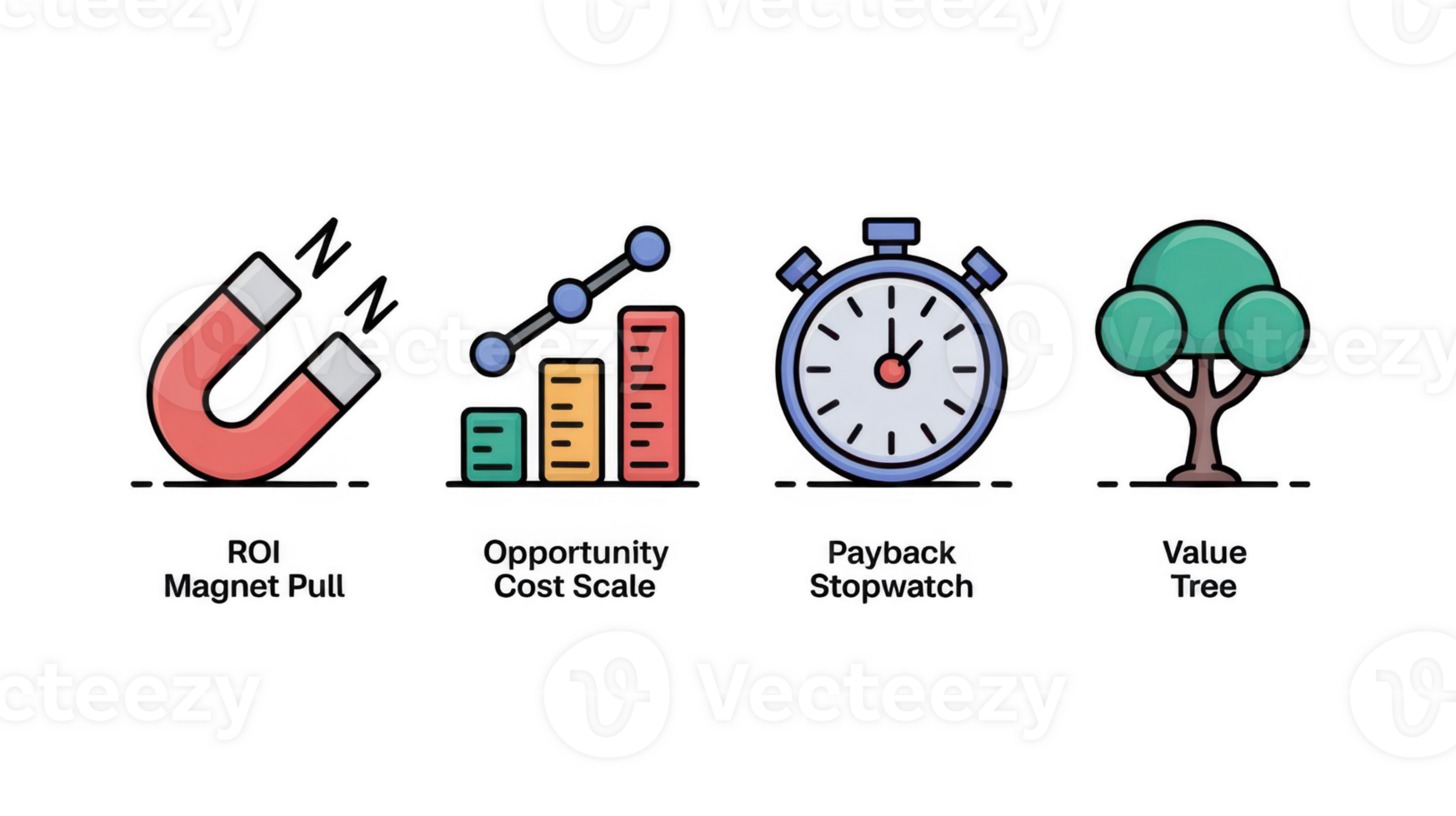 Magnet, graph, stopwatch and tree representing business concepts png