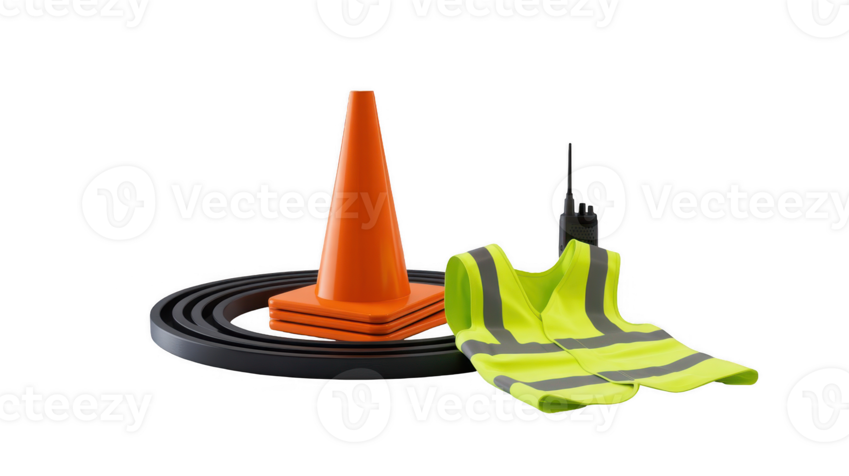 Traffic cone, safety vest and walkie talkie on transparent background representing road safety png