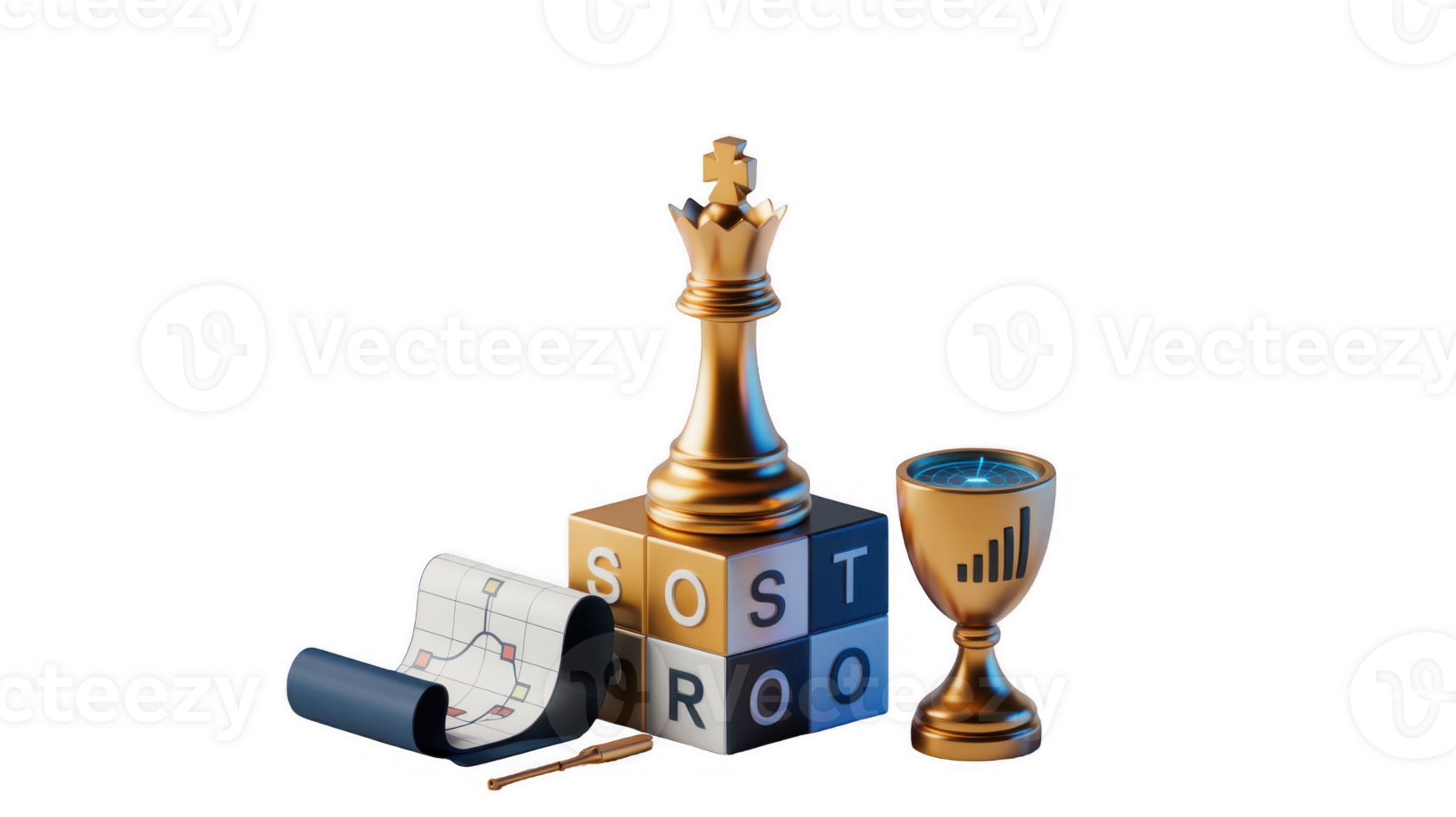 Swot analysis with queen chess piece, trophy and graph on transparent background png