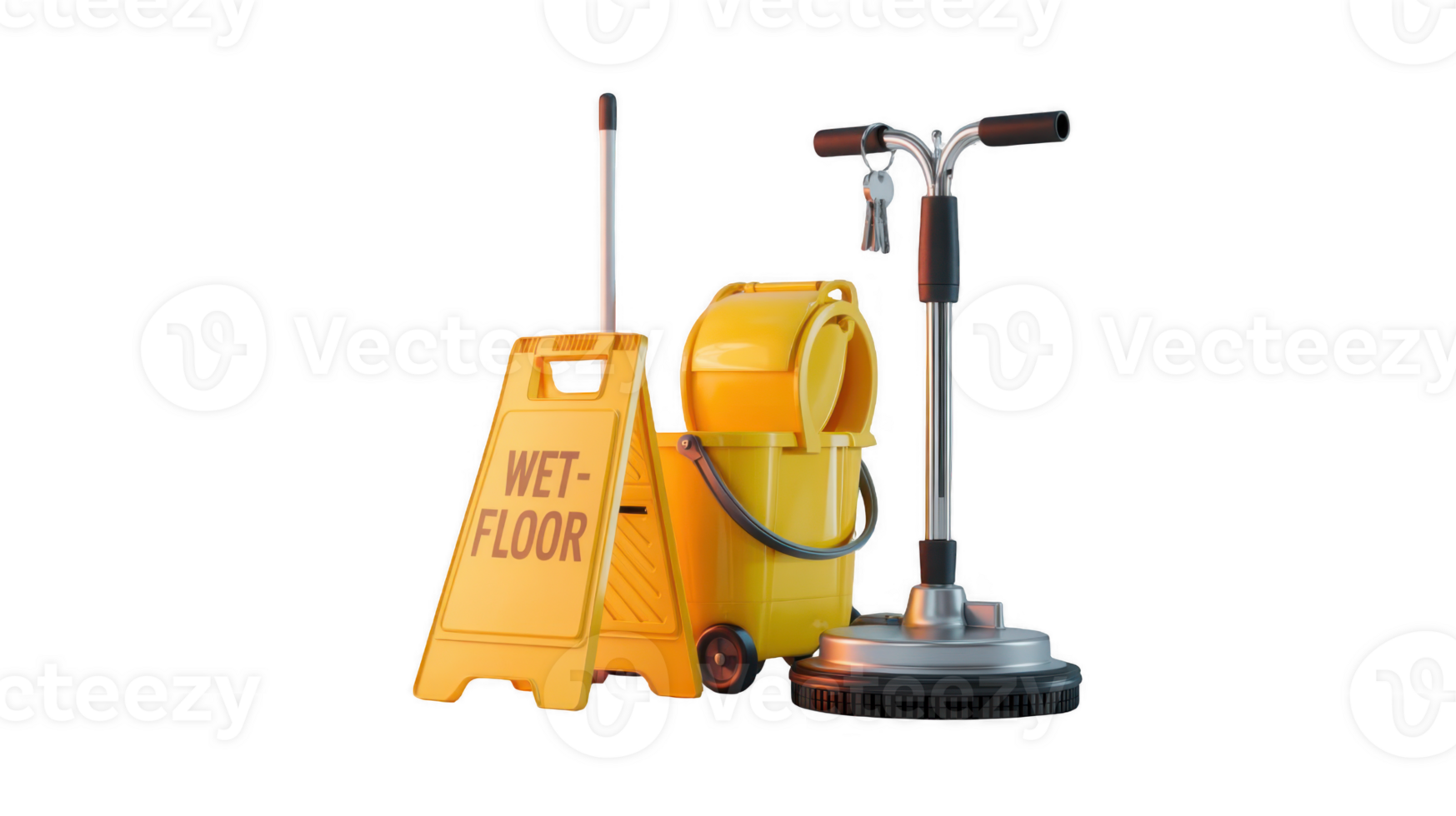 Cleaning equipment with wet floor sign on transparent background png