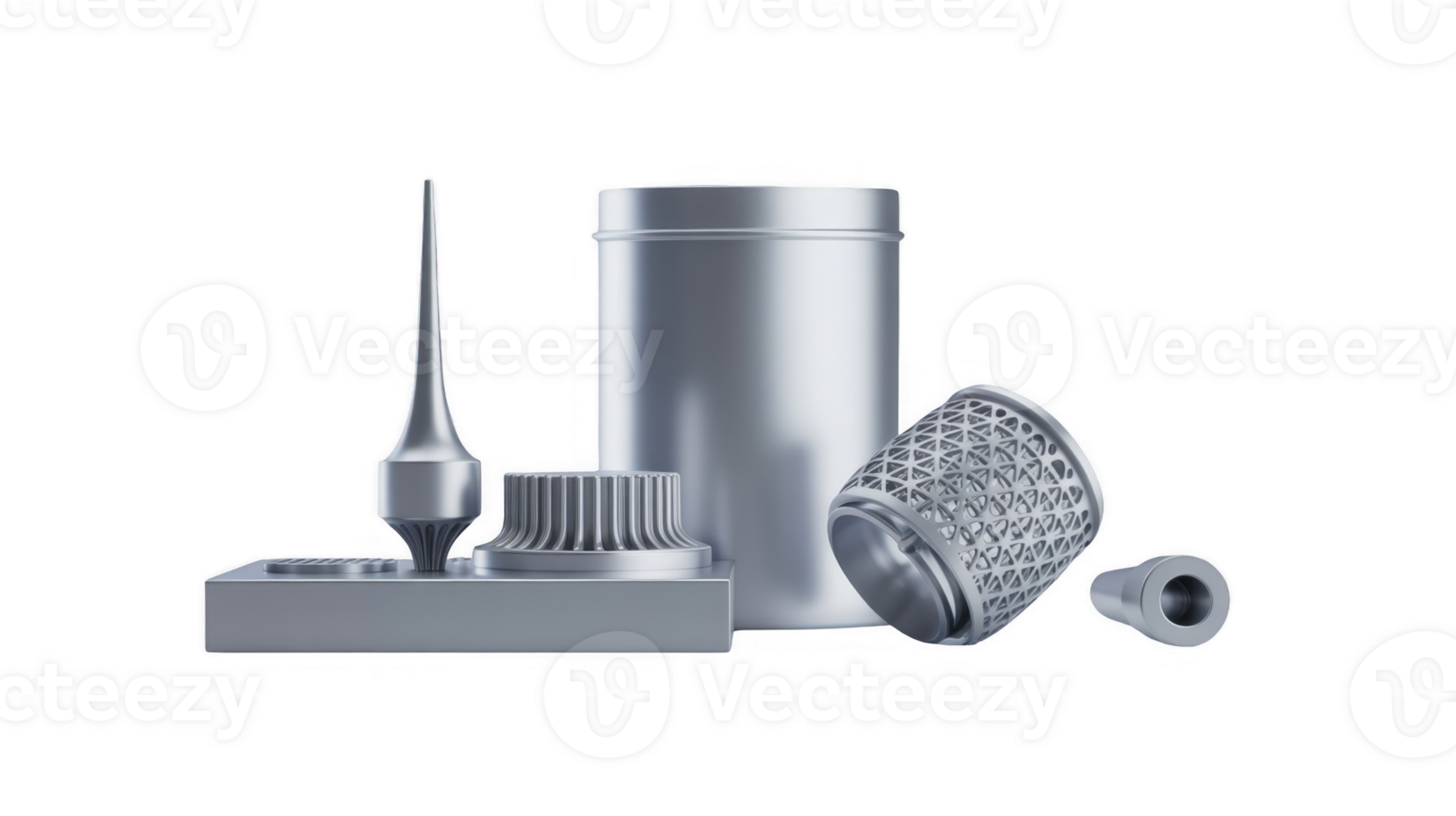 Different metal 3d printed prototypes on transparent background png