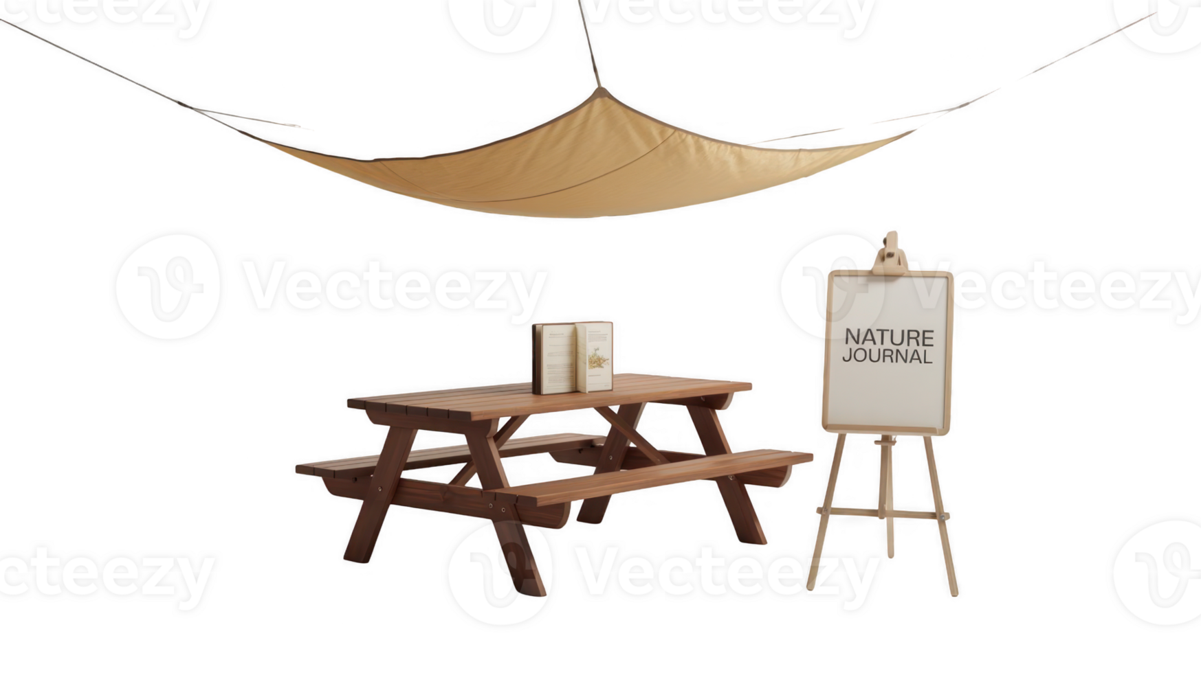 Wooden picnic table under sunshade with nature journal on easel on transparent background png