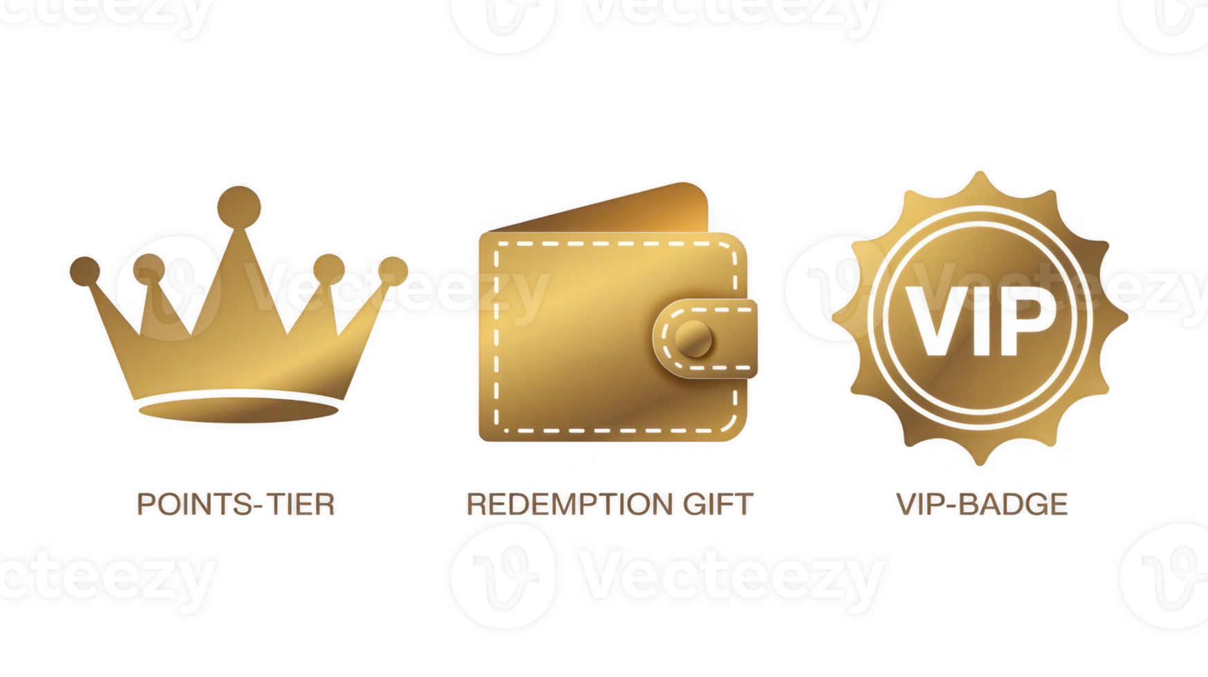 Golden crown, wallet, and vip badge representing loyalty program benefits png