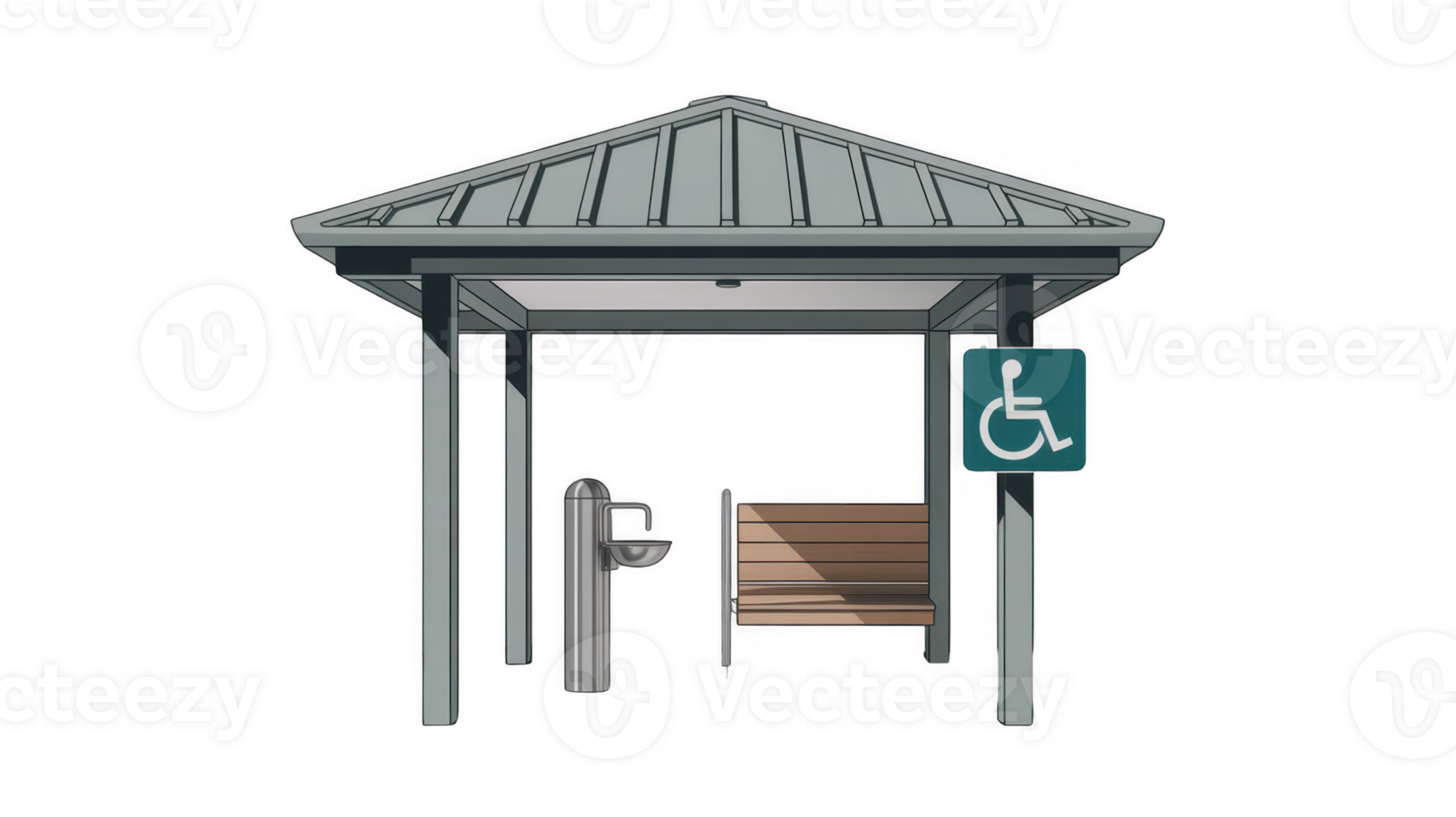 Accessible bus stop shelter with drinking fountain and bench on transparent background png