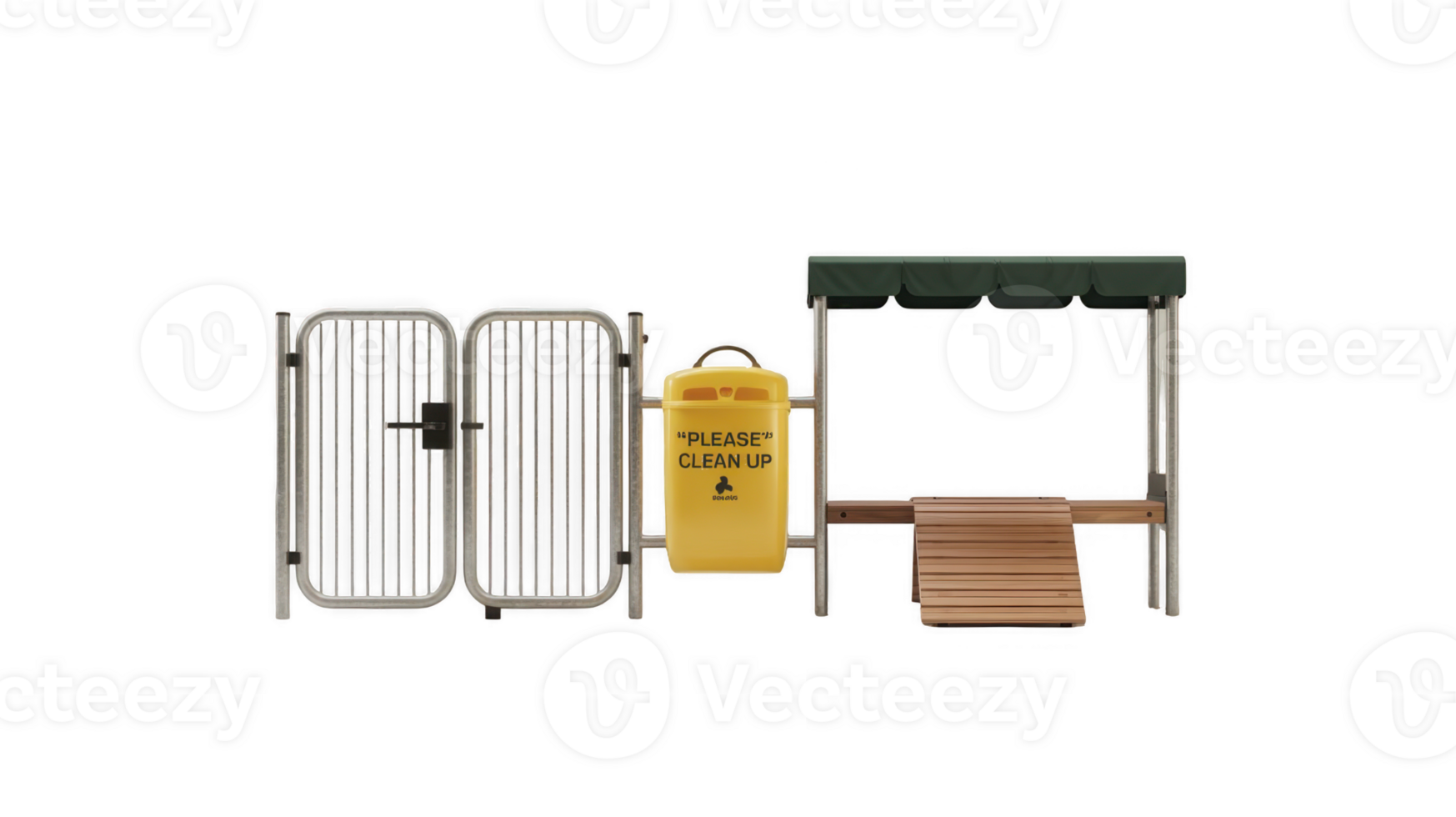 Gate, trash can and bench on transparent background png