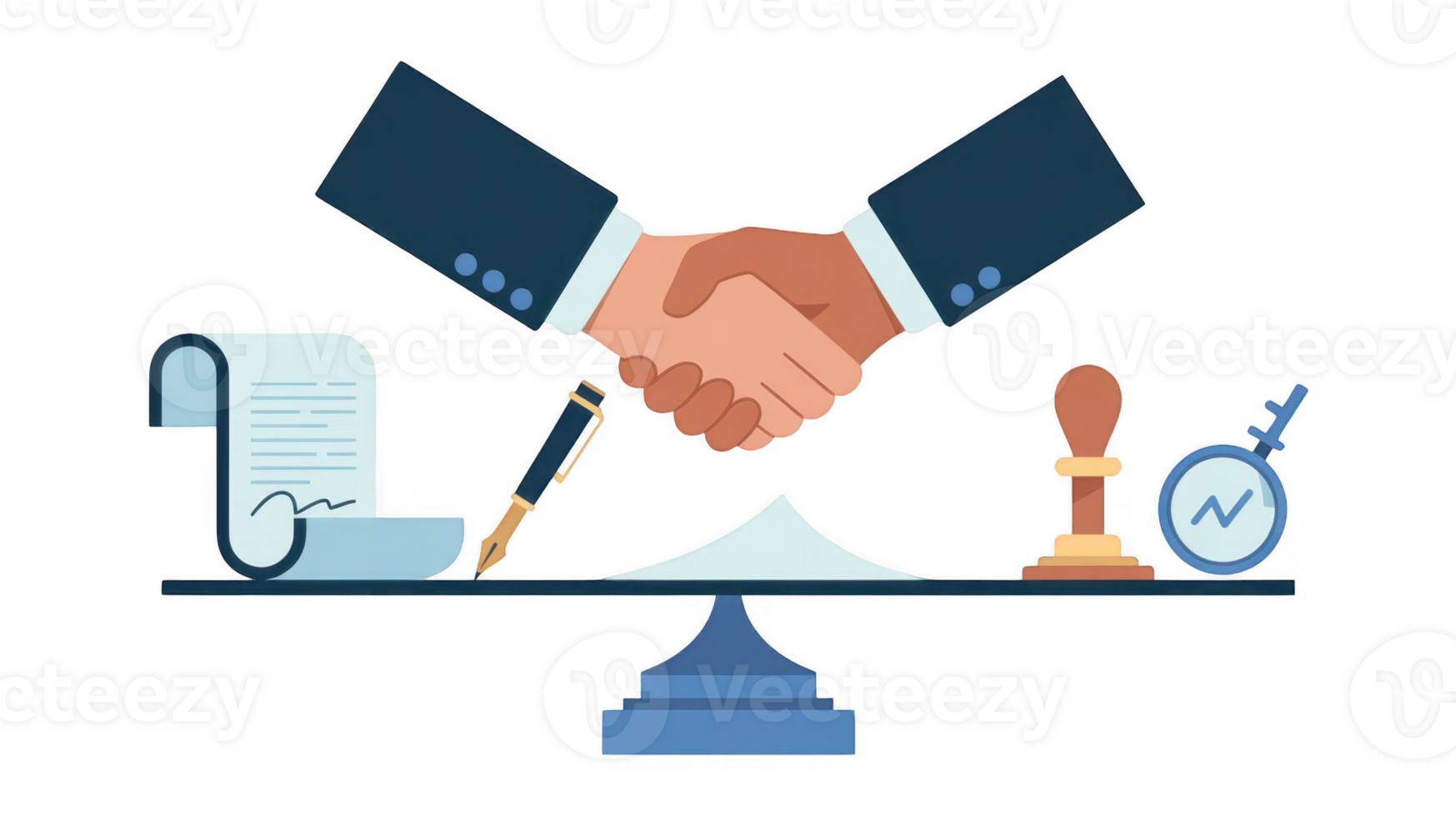 Businessmen shaking hands over balanced contract and stamp with transparent background png