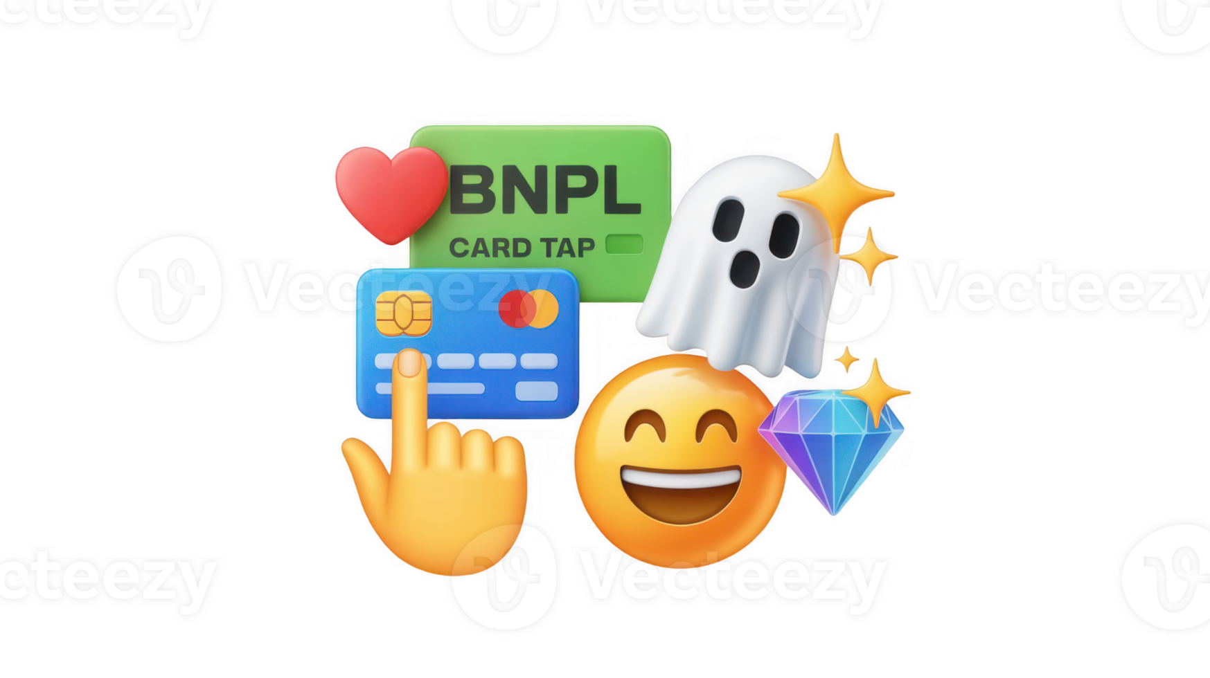 Hand pointing credit card, ghost, diamond, heart and smiley emojis on transparent background png