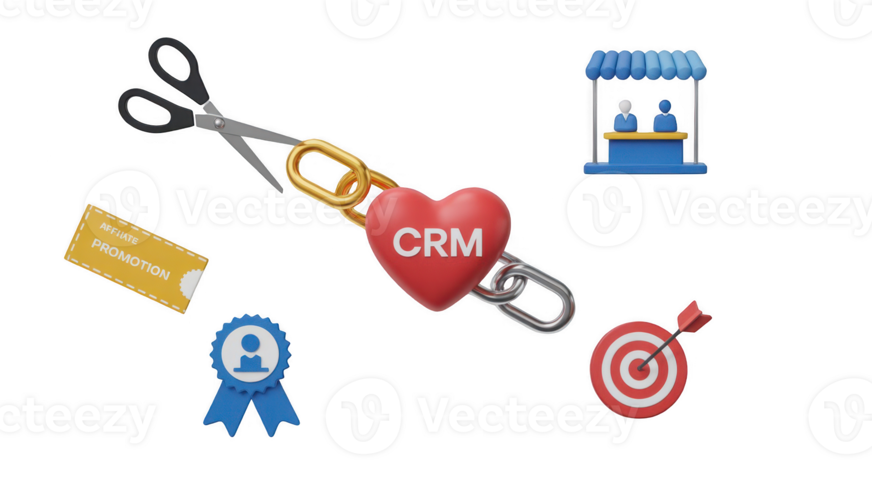 Scissors cutting crm chain with marketing icons on transparent background png