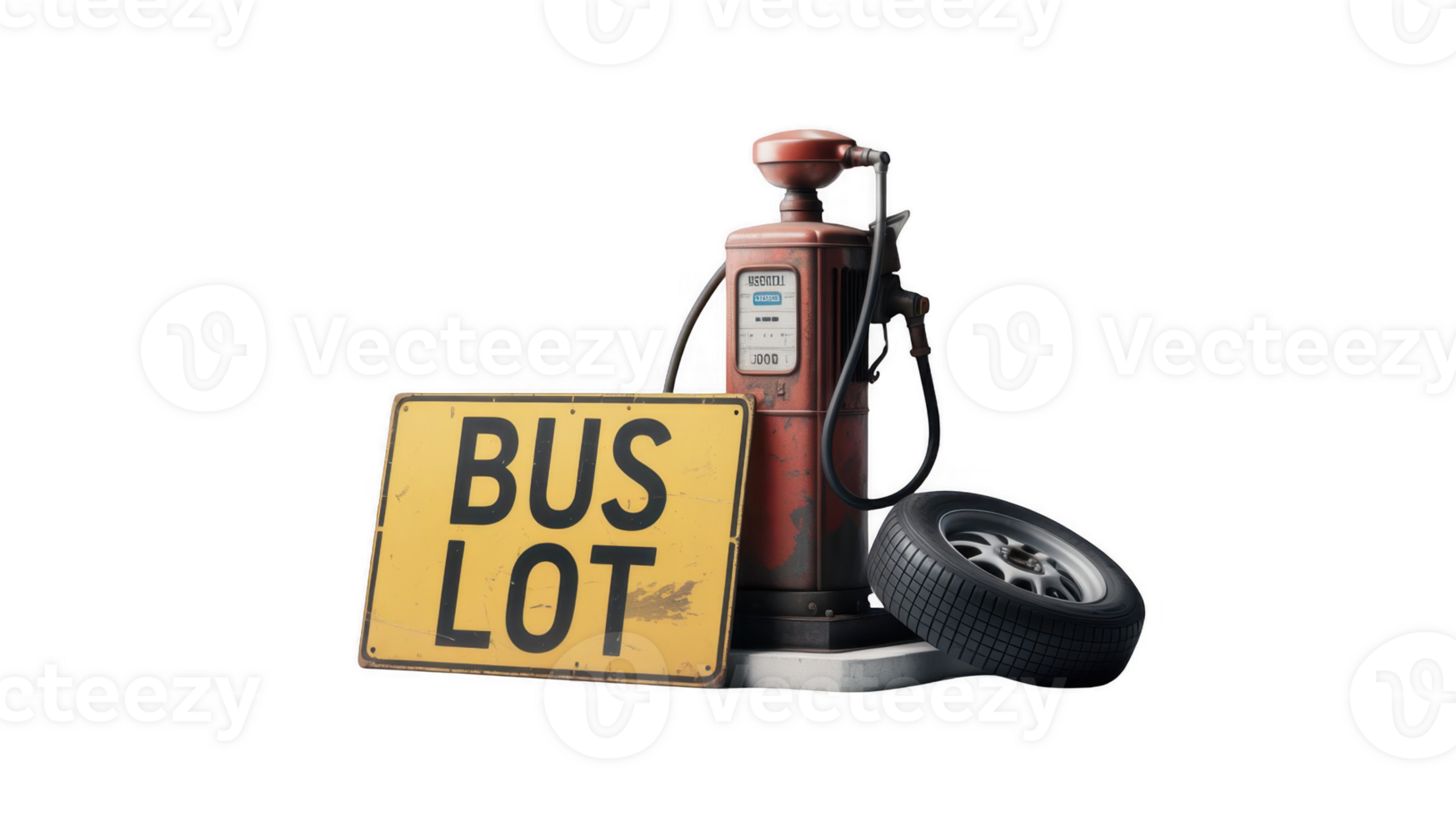 Old gas pump, spare tire and bus lot sign on transparent background png