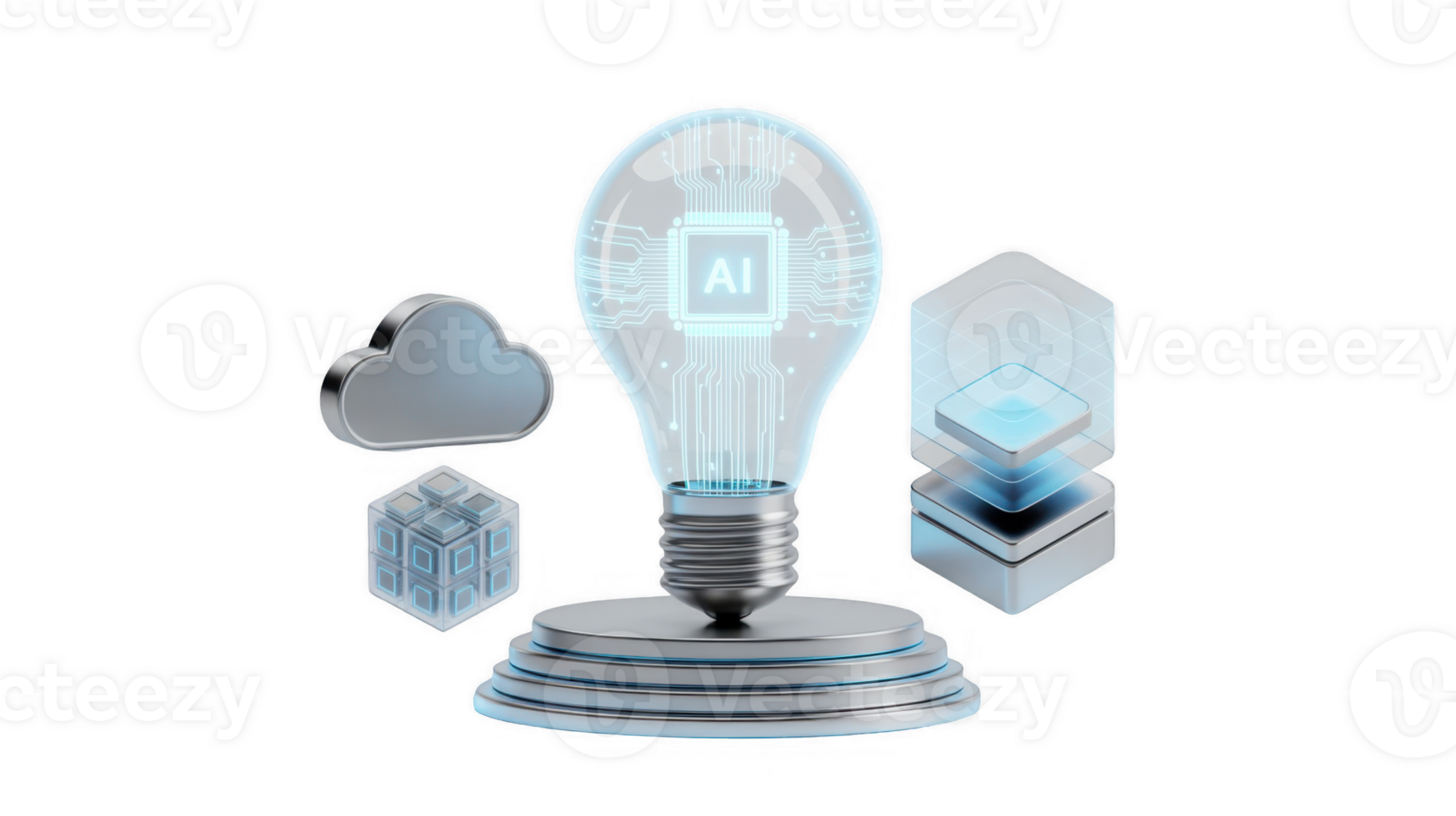 Light bulb symbolizing artificial intelligence with cloud computing and data storage on transparent background png