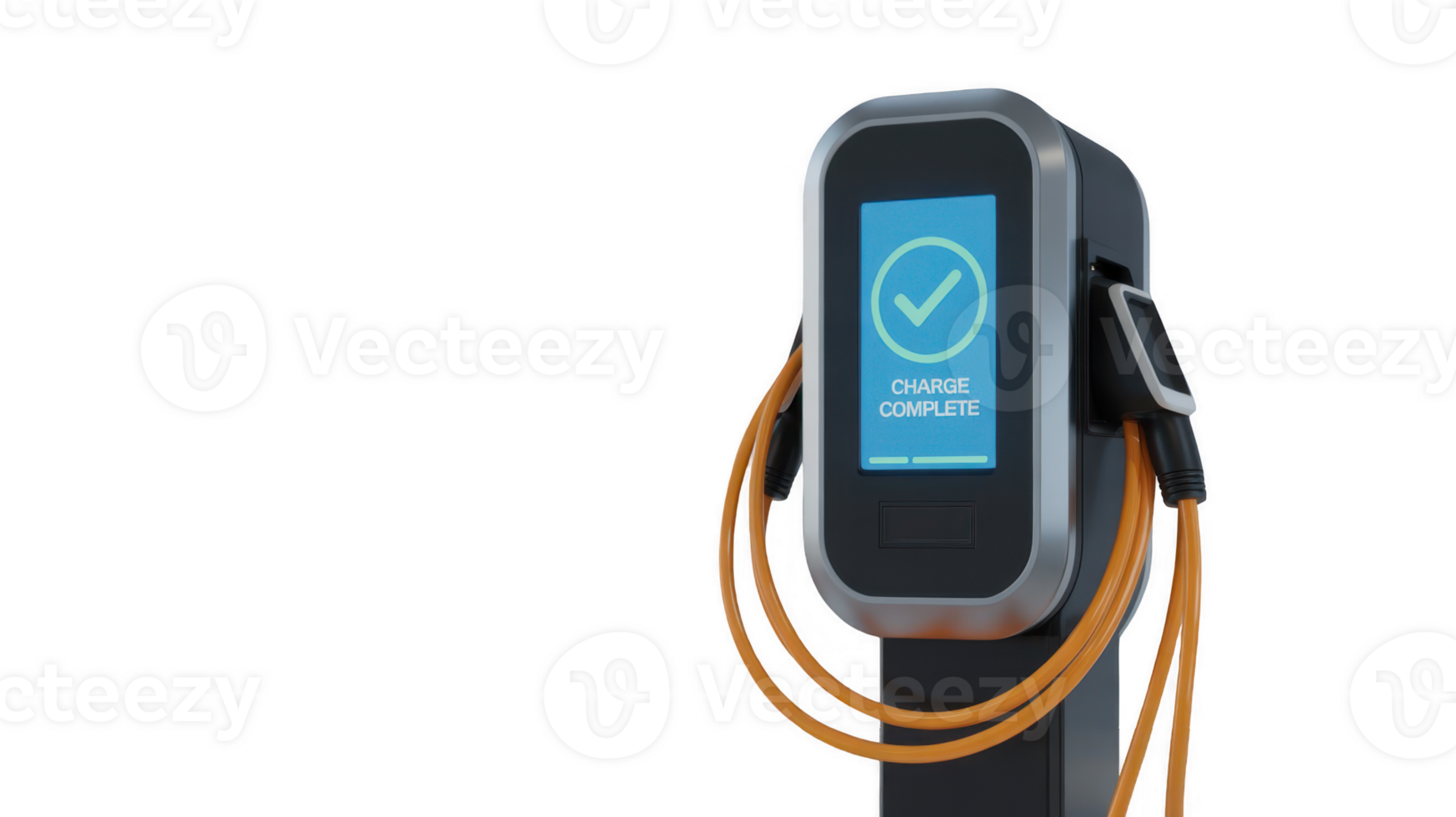 Electric vehicle charging station showing charge complete on transparent background png