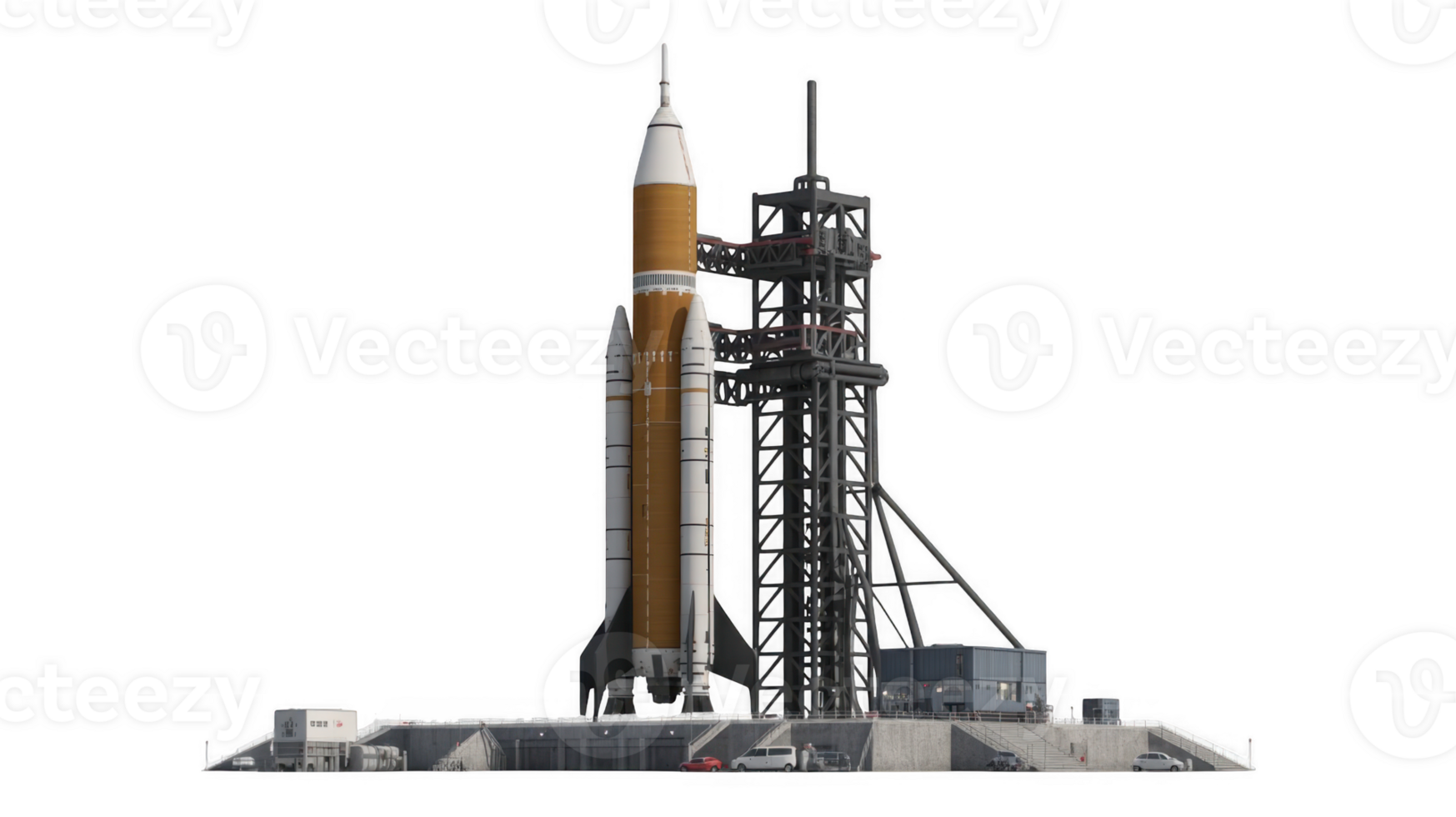 Space launch system rocket standing on launchpad with transparent background png