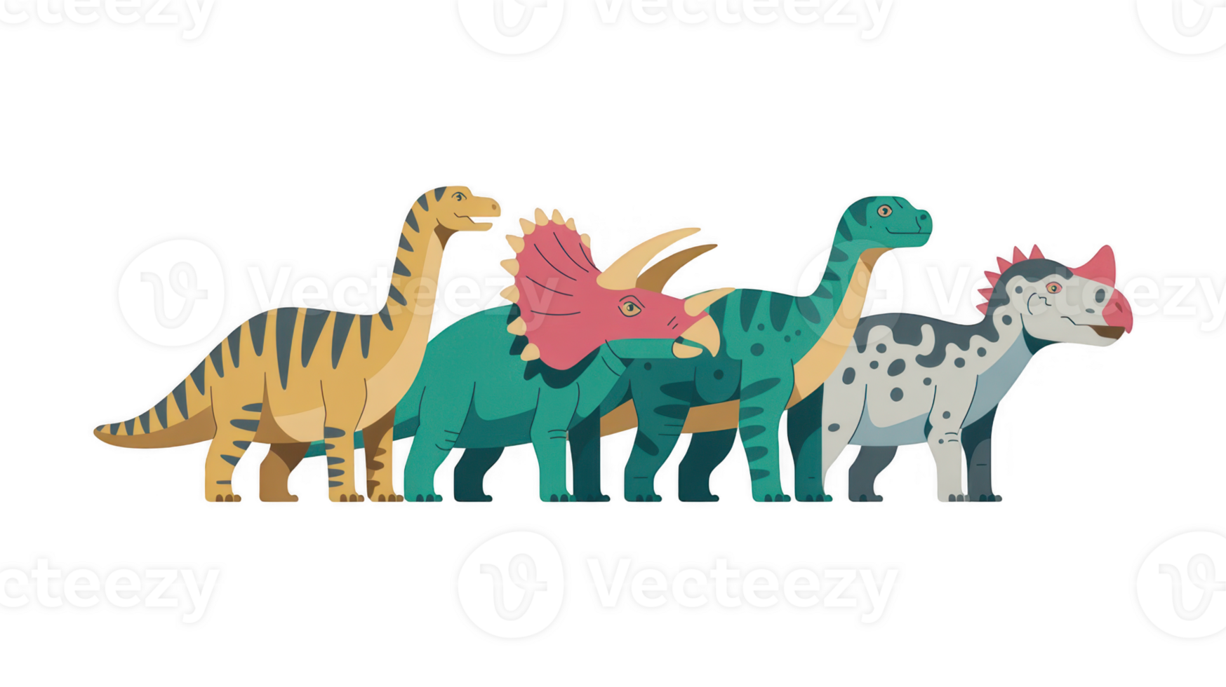 Colorful dinosaurs walking together on transparent background png