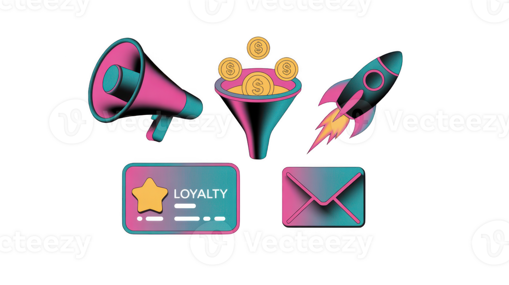 Marketing automation concept with megaphone, sales funnel, rocket, loyalty card and email on transparent background png