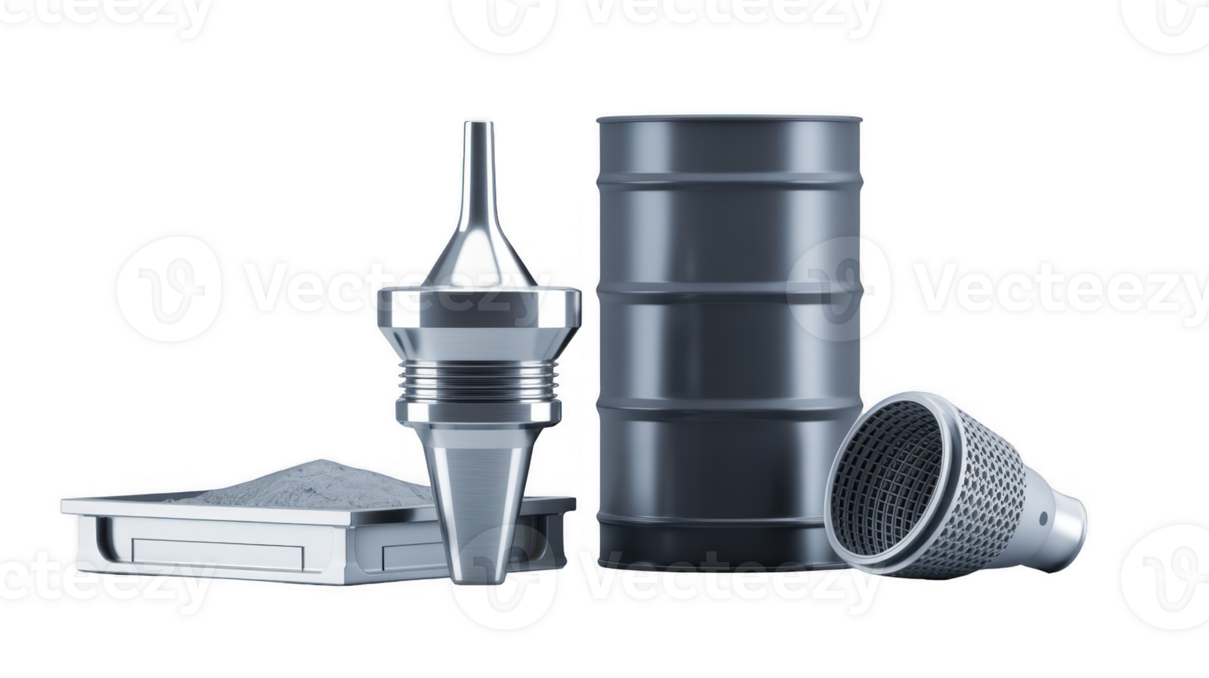 Metal barrel, nozzle, filter and metal powder on transparent background png