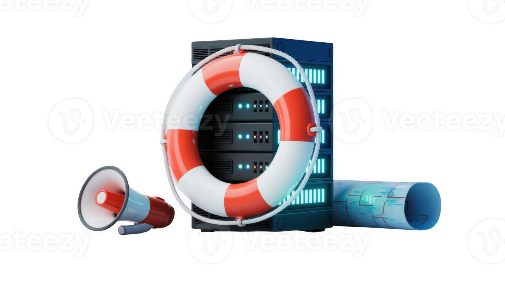 Server rescue with lifebuoy, megaphone, and blueprint on transparent background png