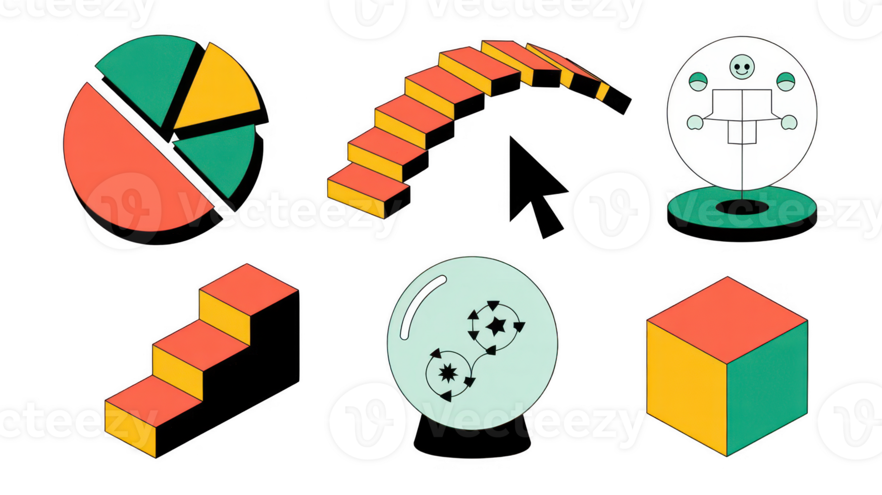 Pie chart, stairs, cursor, crystal ball, and cube icons on transparent background png