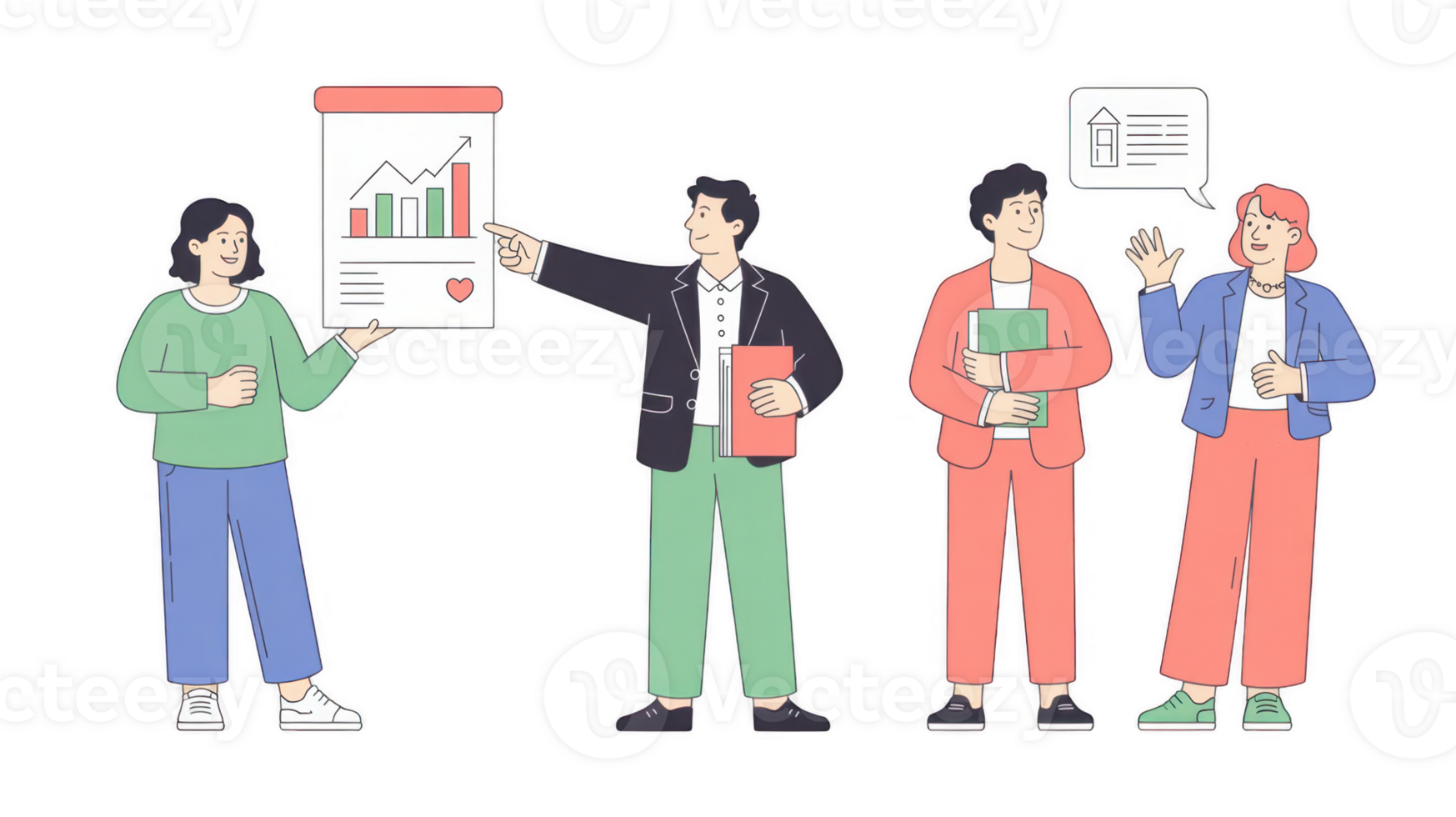 Business people discussing and showing charts on transparent background png