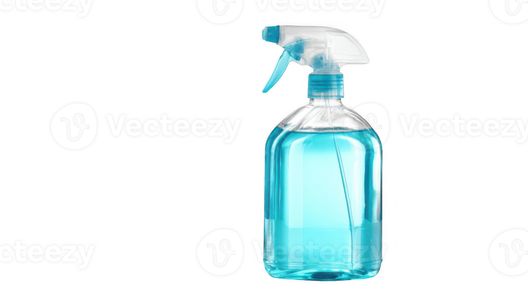 Spray bottle containing light blue cleaning solution on transparent background png