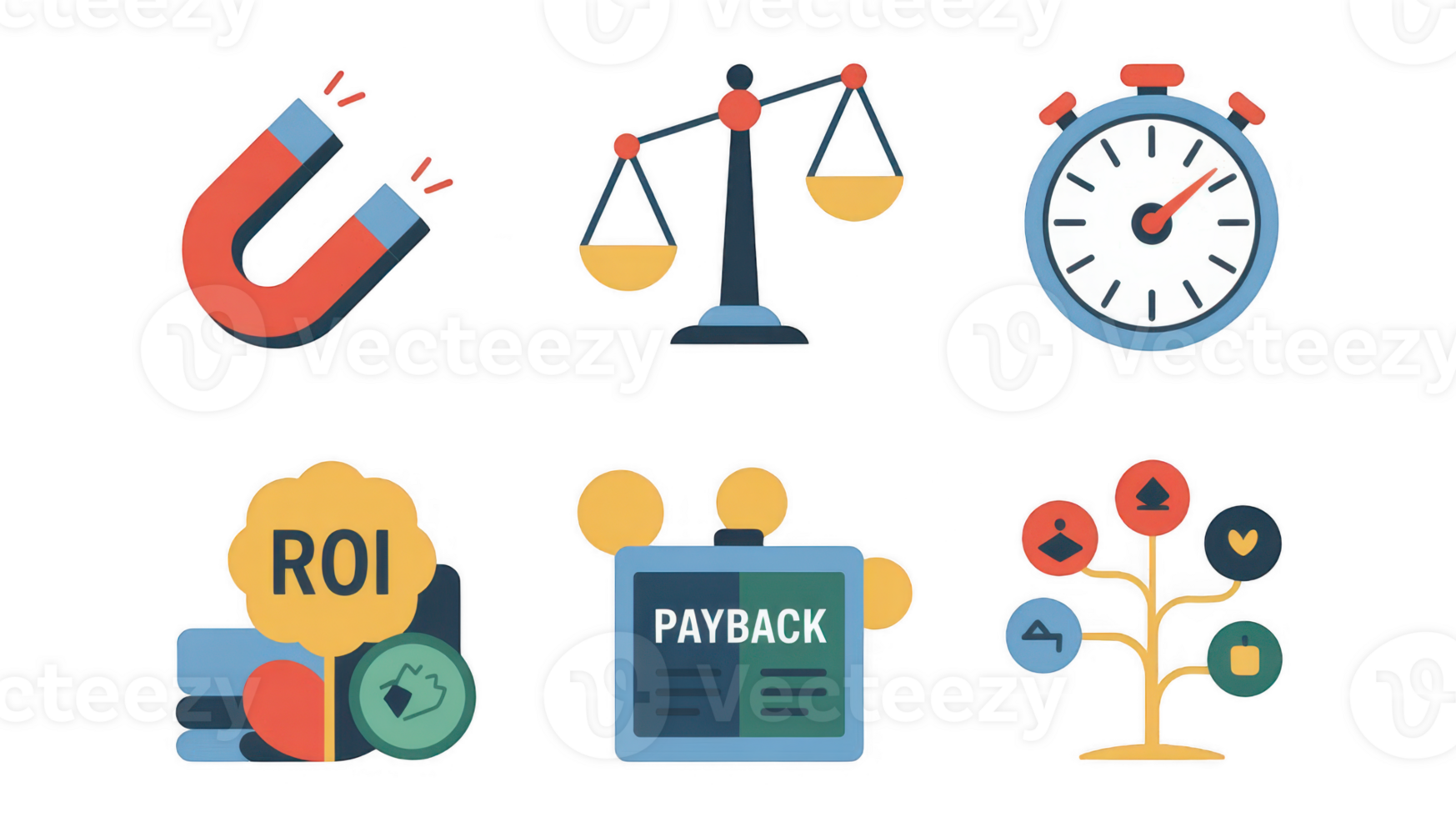 Magnet, scales, stopwatch, roi, payback period and growth representing business concepts png