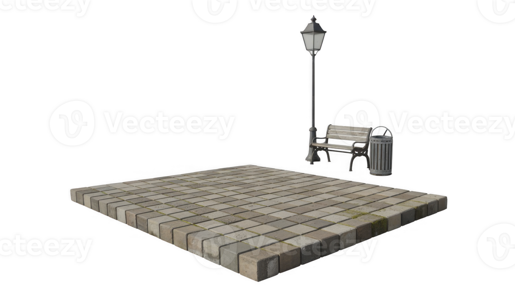 Paved square with bench, lamppost, and trash can on transparent background png