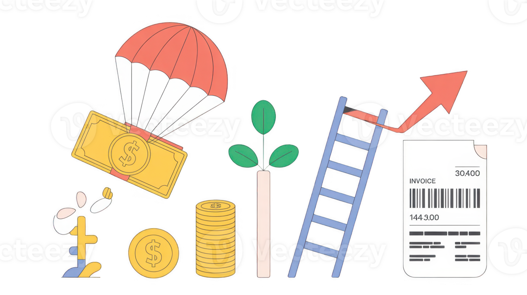 Money falling from sky, growing plant, stacked coins and invoice with increasing arrow on transparent background png