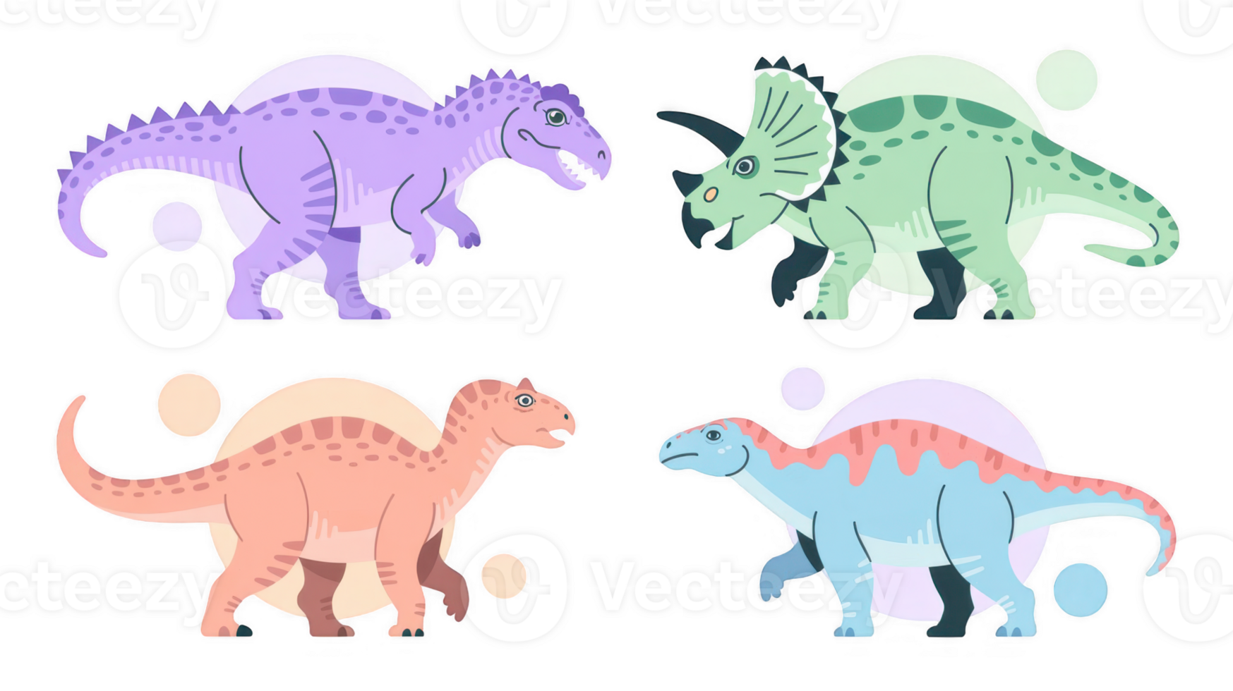 Four colorful dinosaurs walking on transparent background png