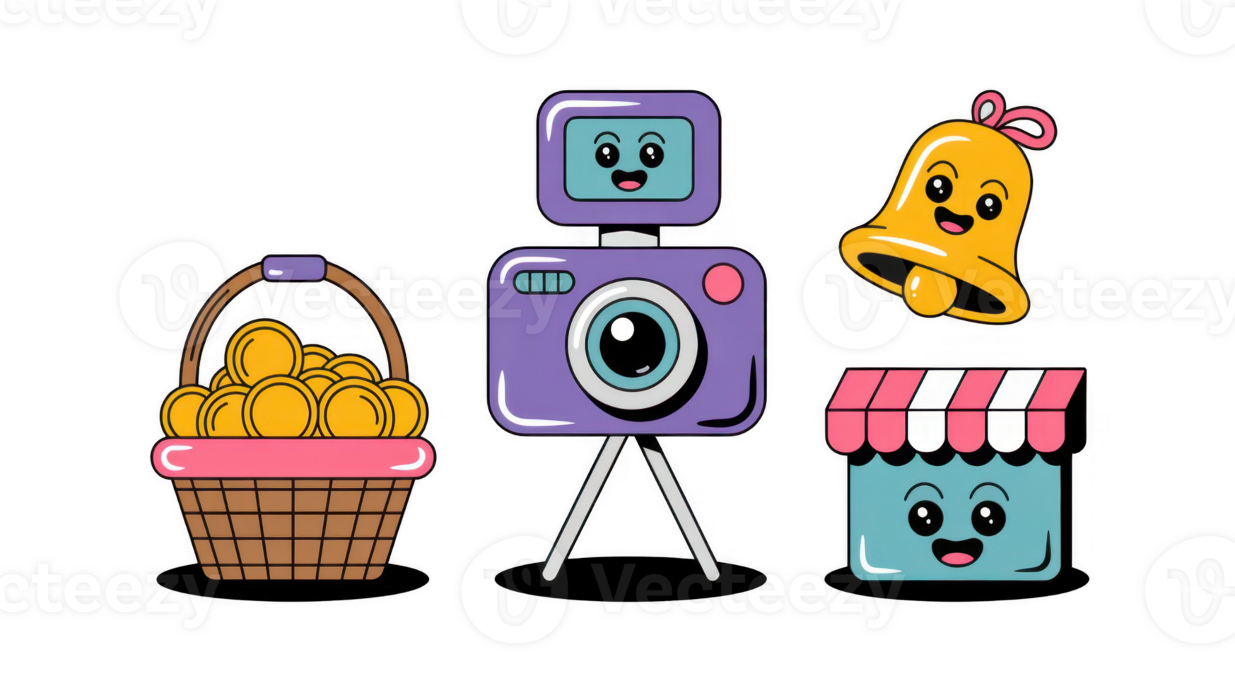 Kawaii camera, basket, bell and shop icons with transparent background png