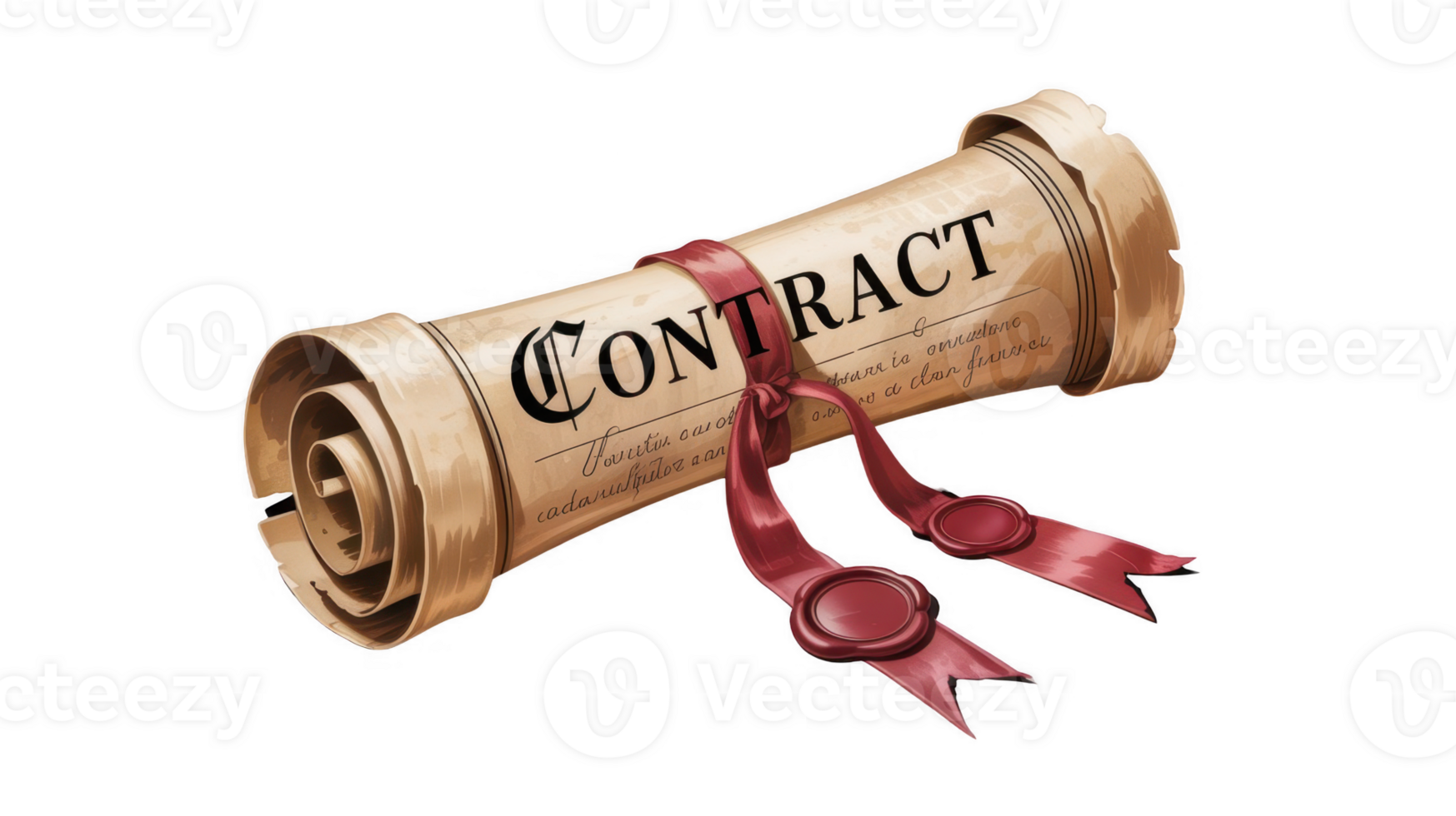 Contract scroll tied with red ribbon and wax seal on transparent background png