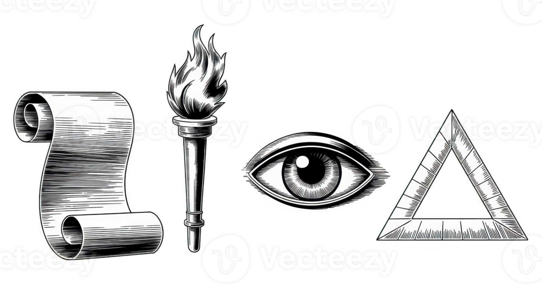 Blank scroll, torch, eye and triangle on transparent background png