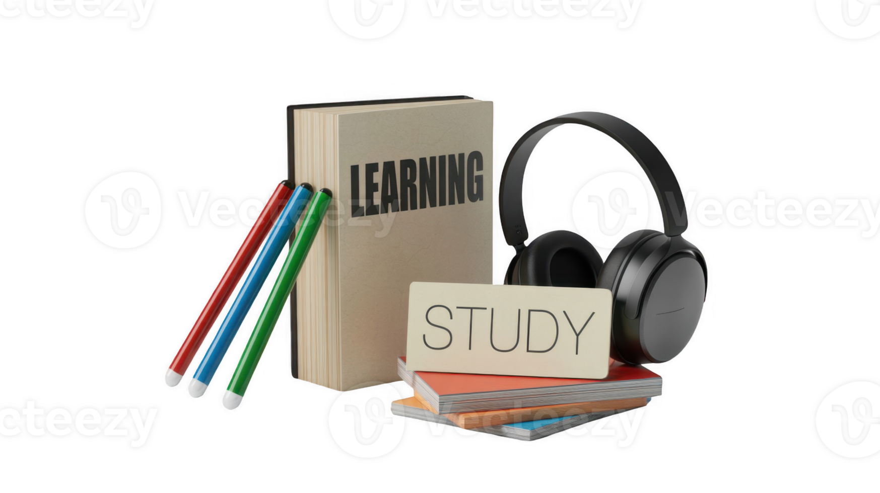 Learning and studying with books, headphones, and markers on transparent background png