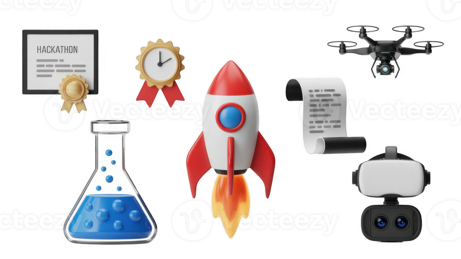 Launching innovation, 3d icons of rocket, vr headset, drone, and chemical flask on transparent background png