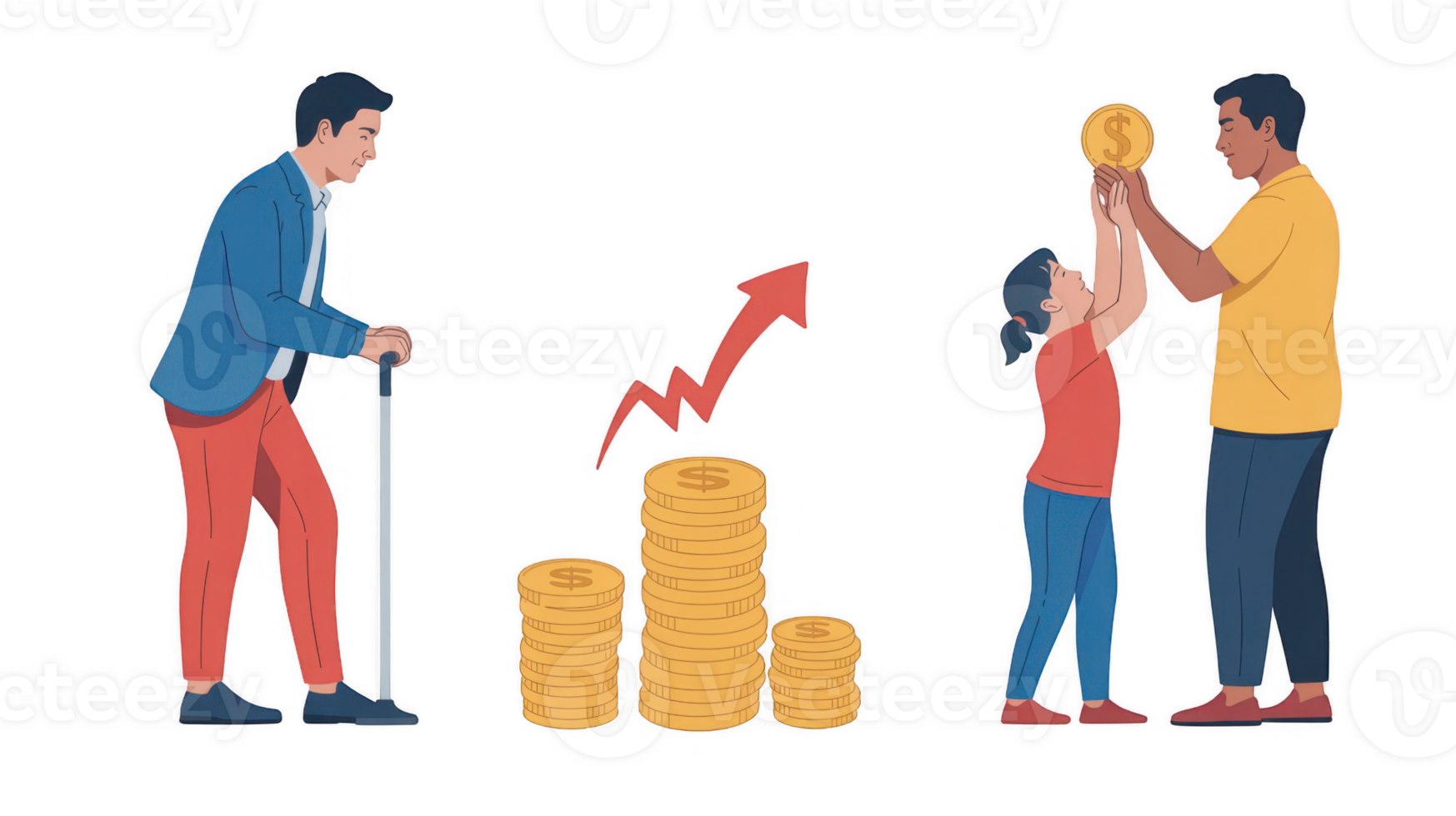 Pensioner, growing money and father giving coin to daughter on transparent background png