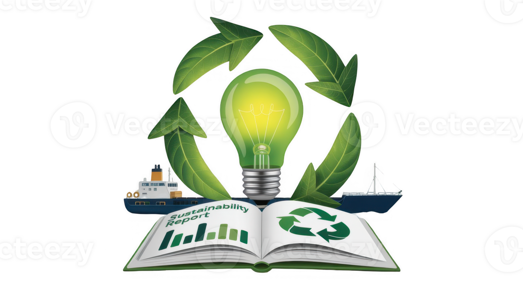 Sustainability report with green light bulb, recycling symbol, and cargo ships on transparent background png