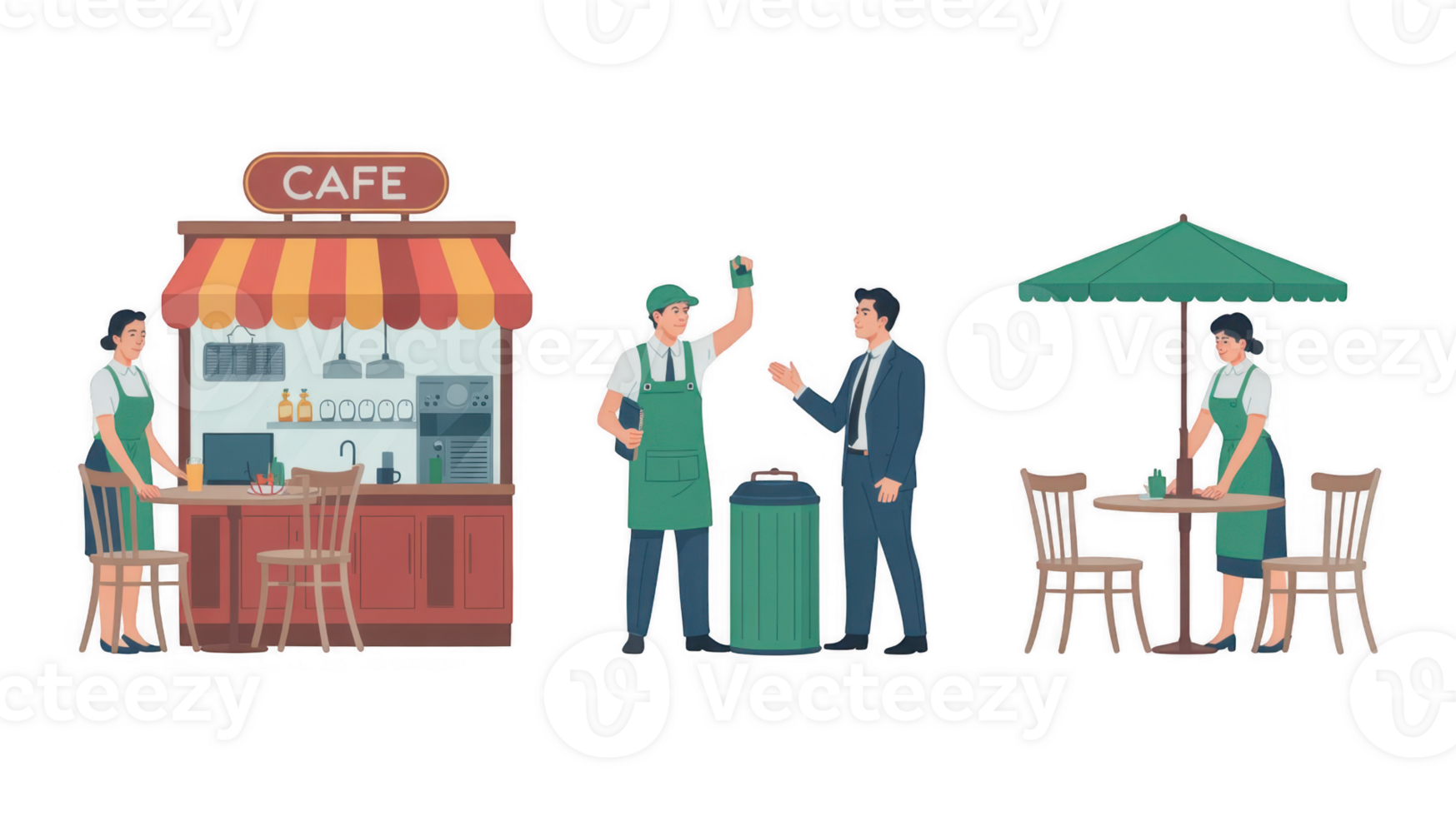 Baristas serving customers and cleaning tables in outdoor cafe with transparent background png