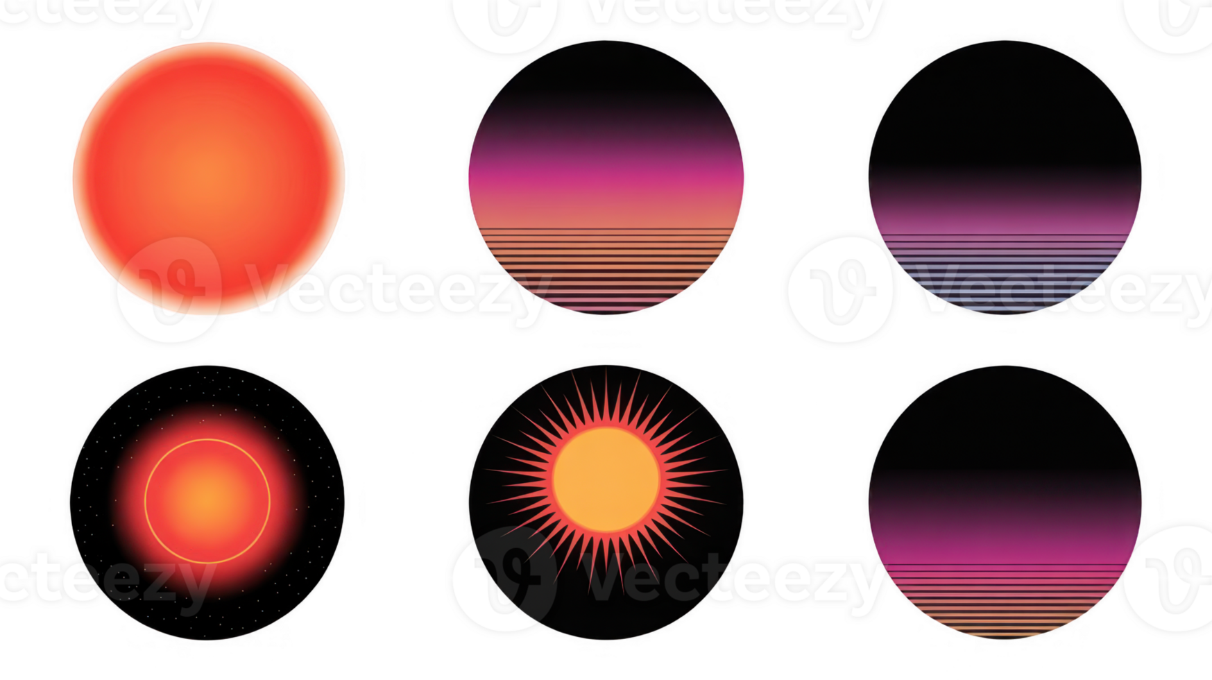Six round retro futuristic sunsets with transparent background png