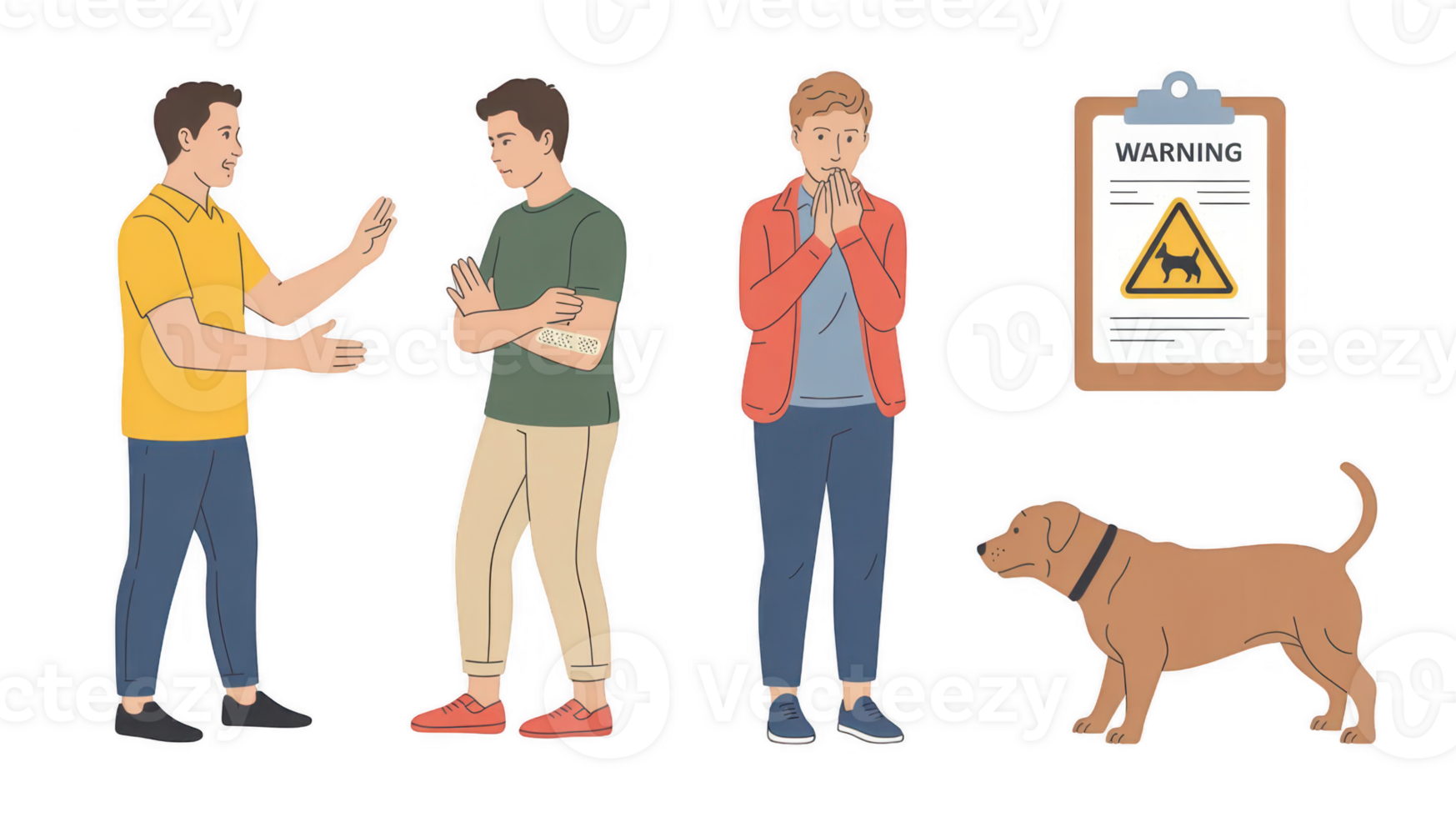 Men discussing a dog bite incident with warning sign and transparent background png