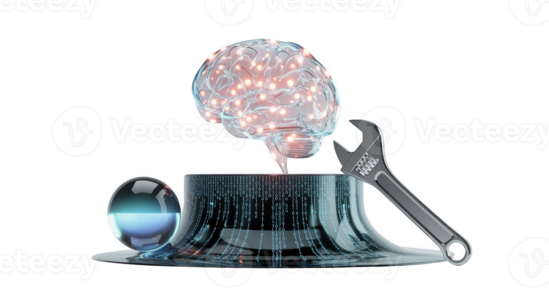 Wrench fixing glowing brain on futuristic pedestal with binary code and transparent background png