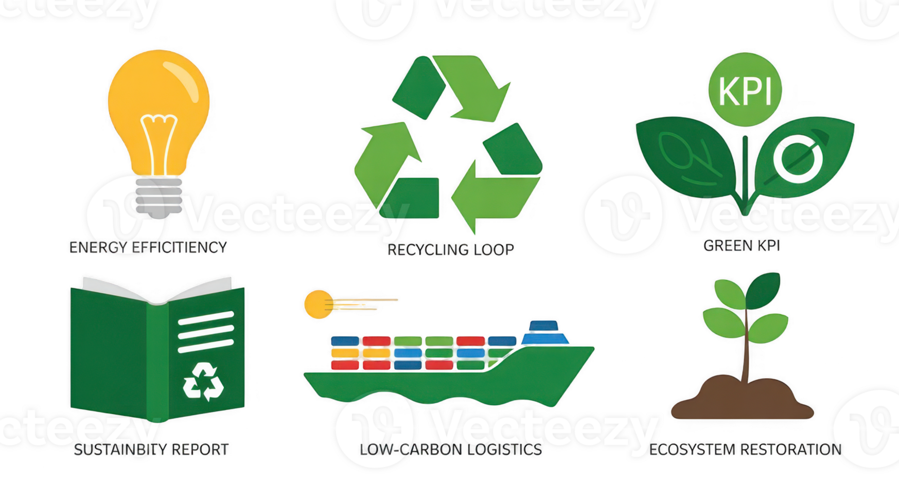 Energy efficiency, recycling, green kpi and ecosystem restoration icons promoting sustainability png