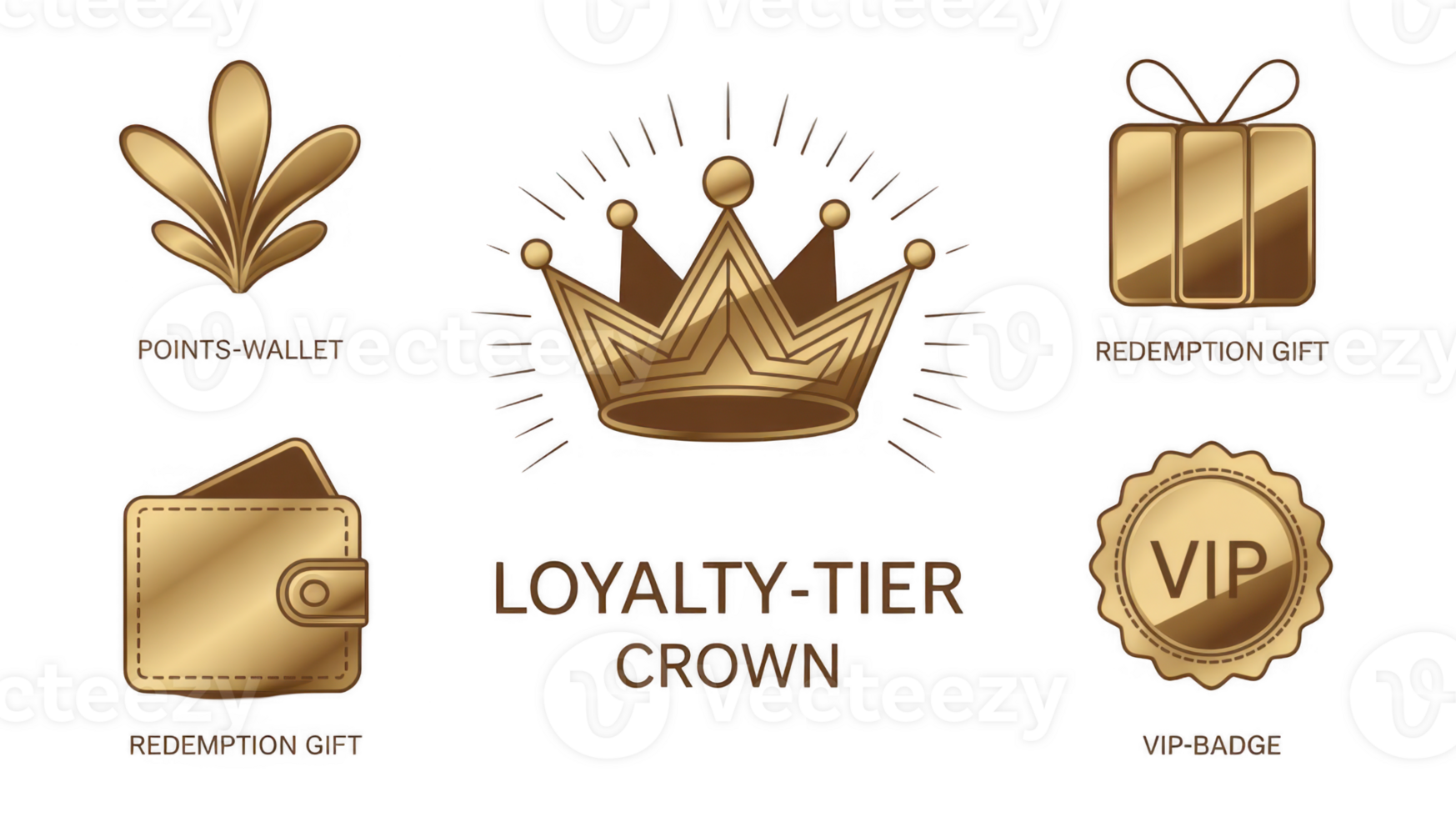 Golden loyalty program icons showing crown, wallet, gift and vip badge png