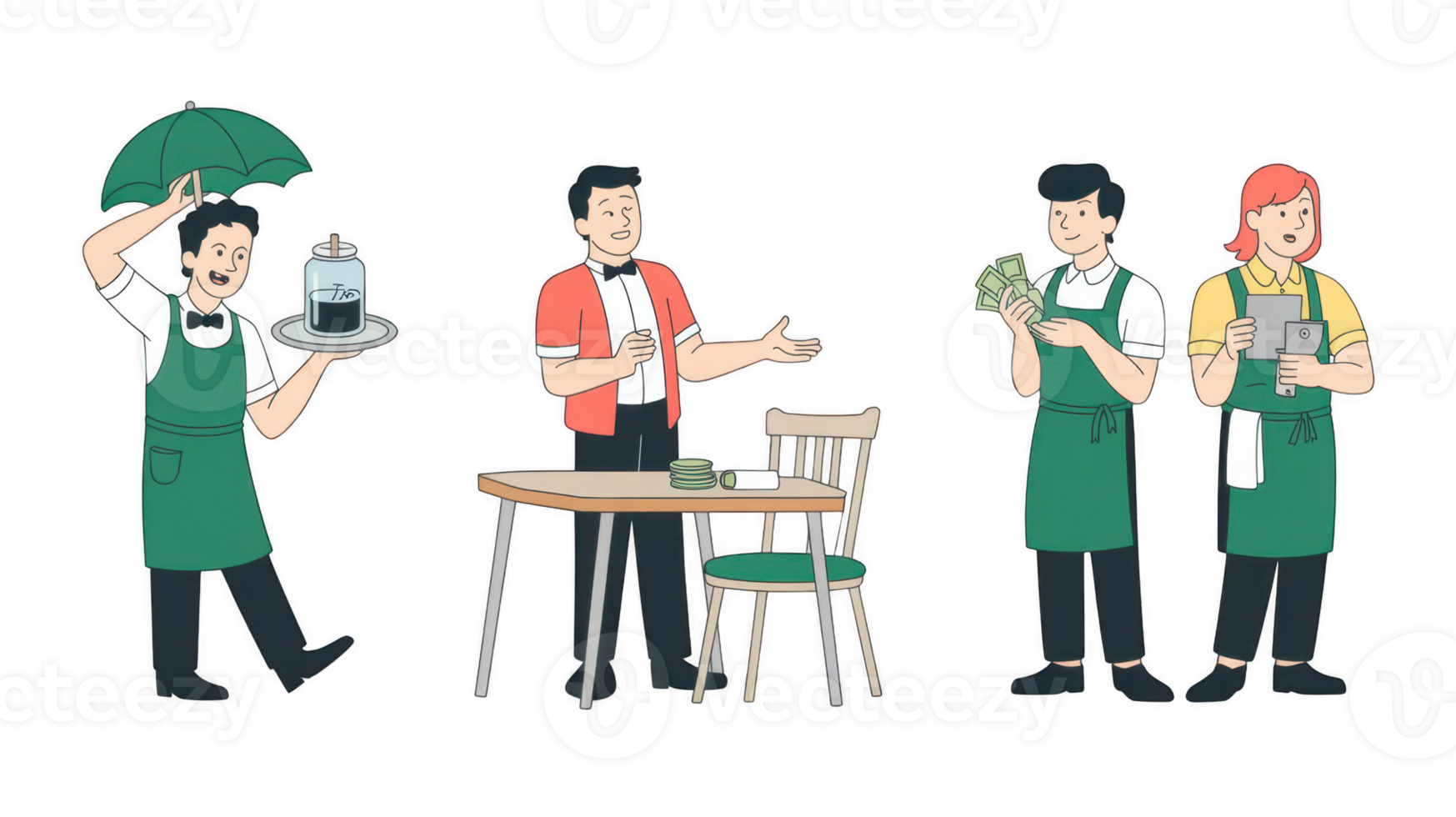 Baristas serving customer, counting money and using pos system with transparent background png